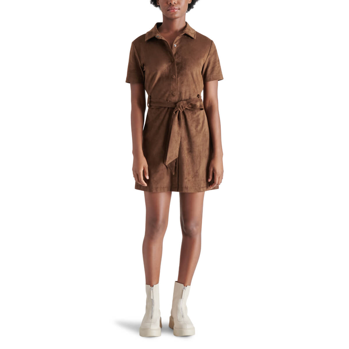 Steve Madden Jolene Faux-Suede Shirtdress brown front | MILK MONEY milkmoney.co | cute clothes for women. womens online clothing. trendy online clothing stores. womens casual clothing online. trendy clothes online. trendy women's clothing online. ladies online clothing stores. trendy women's clothing stores. cute female clothes.