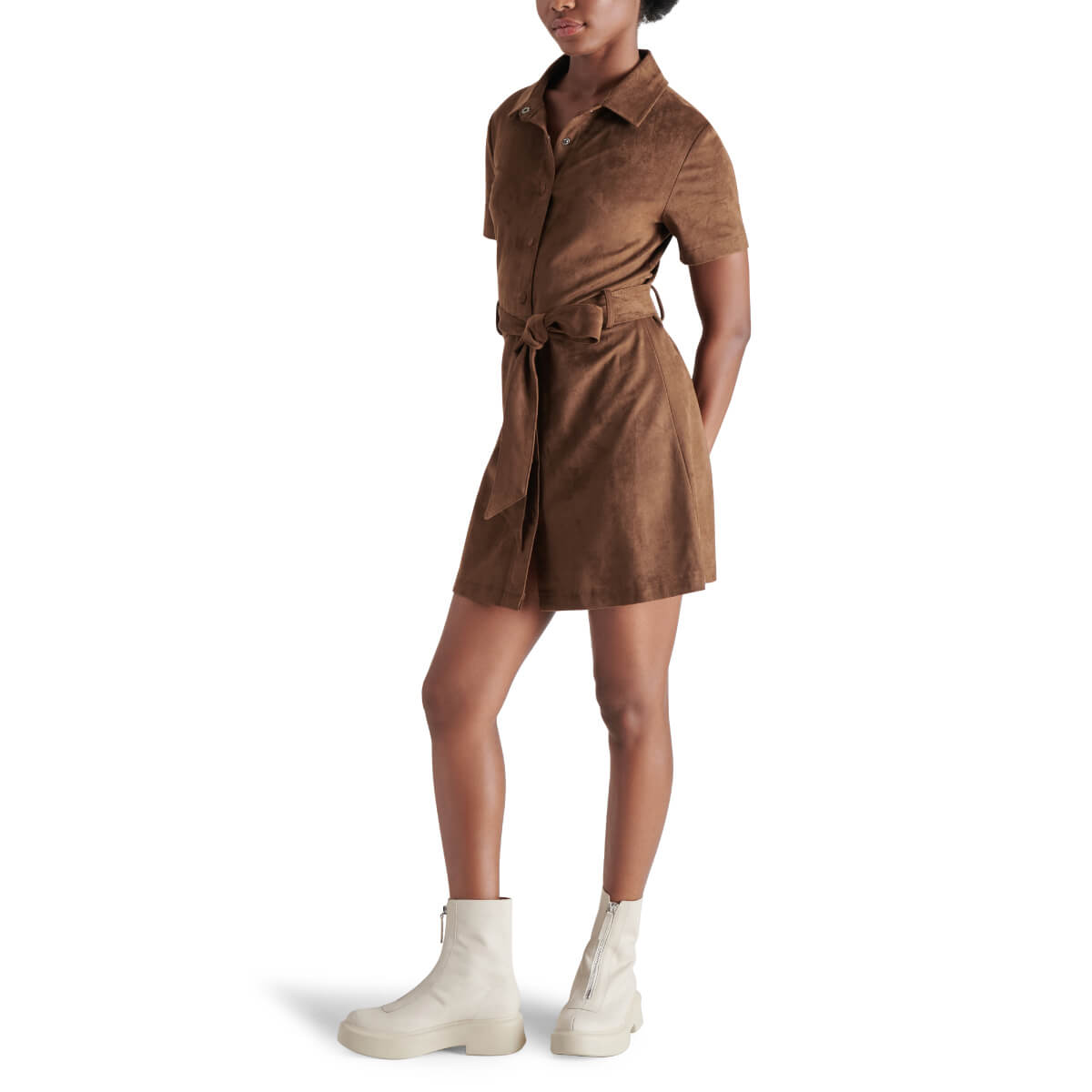 Steve Madden Jolene Faux-Suede Shirtdress brown side | MILK MONEY milkmoney.co | cute clothes for women. womens online clothing. trendy online clothing stores. womens casual clothing online. trendy clothes online. trendy women's clothing online. ladies online clothing stores. trendy women's clothing stores. cute female clothes.