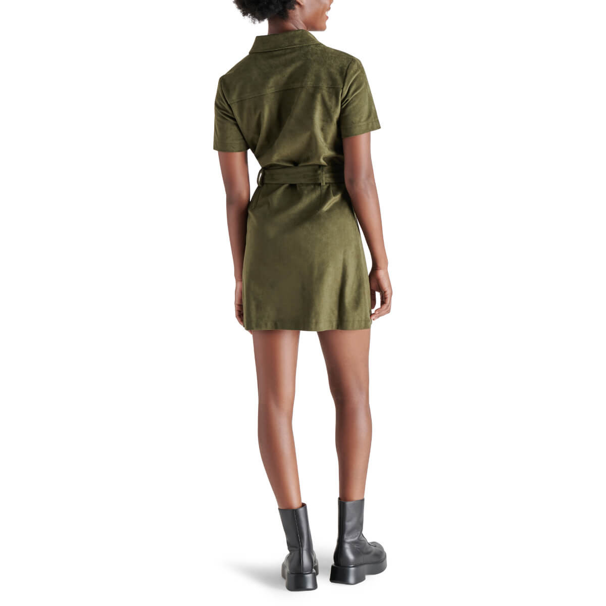 Steve Madden Jolene Faux-Suede Shirtdress olive back | MILK MONEY milkmoney.co | cute clothes for women. womens online clothing. trendy online clothing stores. womens casual clothing online. trendy clothes online. trendy women's clothing online. ladies online clothing stores. trendy women's clothing stores. cute female clothes.
