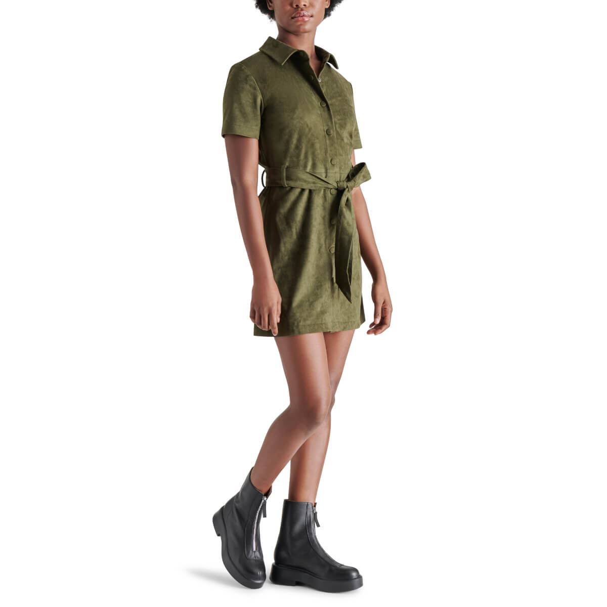 Steve Madden Jolene Faux-Suede Shirtdress olive front | MILK MONEY milkmoney.co | cute clothes for women. womens online clothing. trendy online clothing stores. womens casual clothing online. trendy clothes online. trendy women's clothing online. ladies online clothing stores. trendy women's clothing stores. cute female clothes.