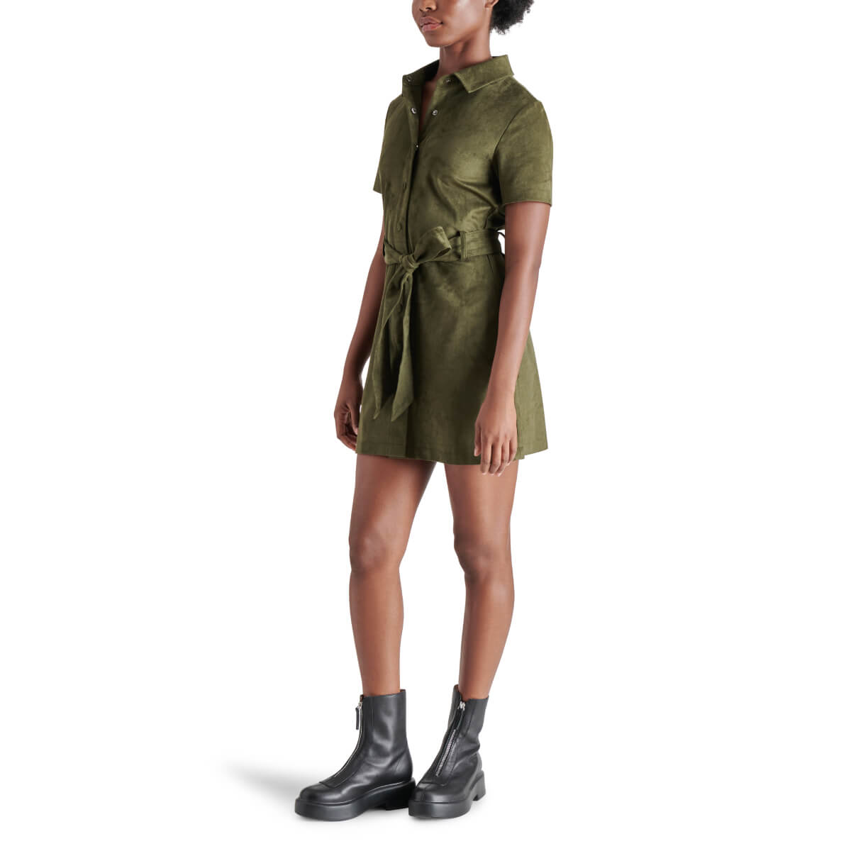 Steve Madden Jolene Faux-Suede Shirtdress olive side | MILK MONEY milkmoney.co | cute clothes for women. womens online clothing. trendy online clothing stores. womens casual clothing online. trendy clothes online. trendy women's clothing online. ladies online clothing stores. trendy women's clothing stores. cute female clothes.