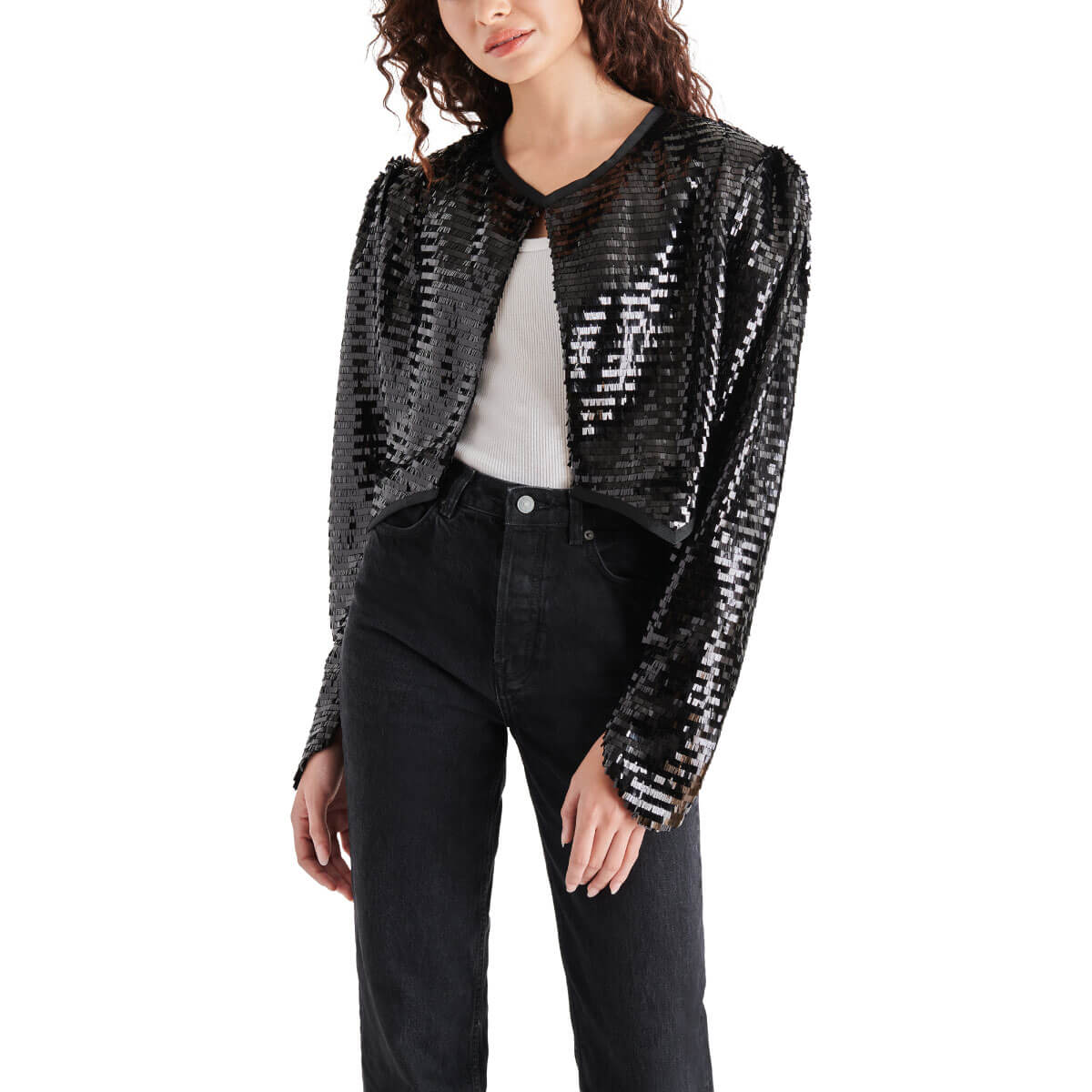 Steve Madden Juliet Sequins Jacket black front | MILK MONEY milkmoney.co | cute clothes for women. womens online clothing. trendy online clothing stores. womens casual clothing online. trendy clothes online. trendy women's clothing online. ladies online clothing stores. trendy women's clothing stores. cute female clothes.