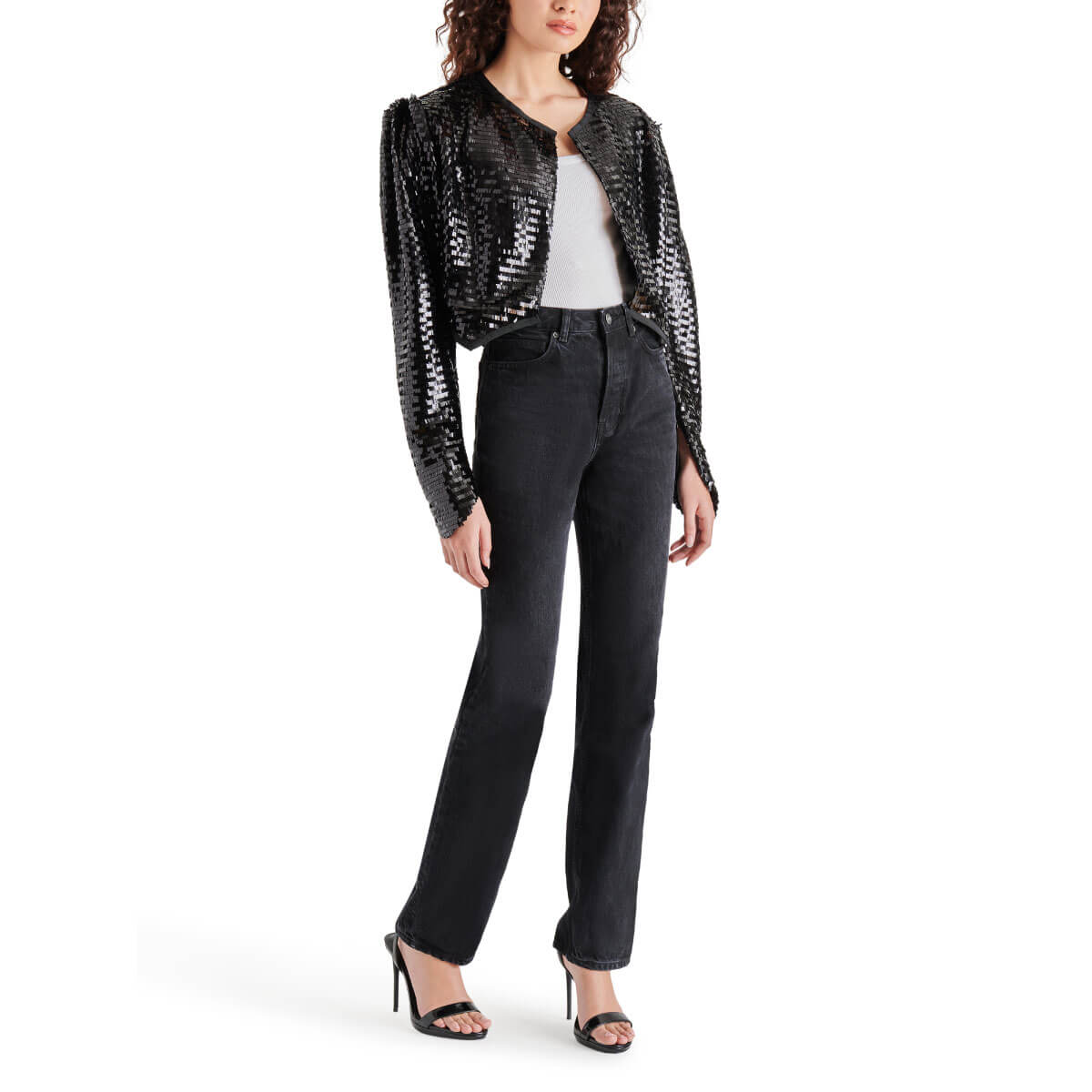 Steve Madden Juliet Sequins Jacket black front | MILK MONEY milkmoney.co | cute clothes for women. womens online clothing. trendy online clothing stores. womens casual clothing online. trendy clothes online. trendy women's clothing online. ladies online clothing stores. trendy women's clothing stores. cute female clothes.