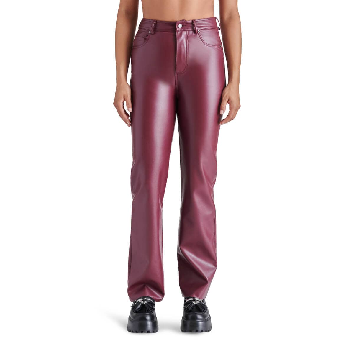 Steve Madden Loren Faux Leather Straight Leg Pants fig front | MILK MONEY milkmoney.co | cute clothes for women. womens online clothing. trendy online clothing stores. womens casual clothing online. trendy clothes online. trendy women's clothing online. ladies online clothing stores. trendy women's clothing stores. cute female clothes.