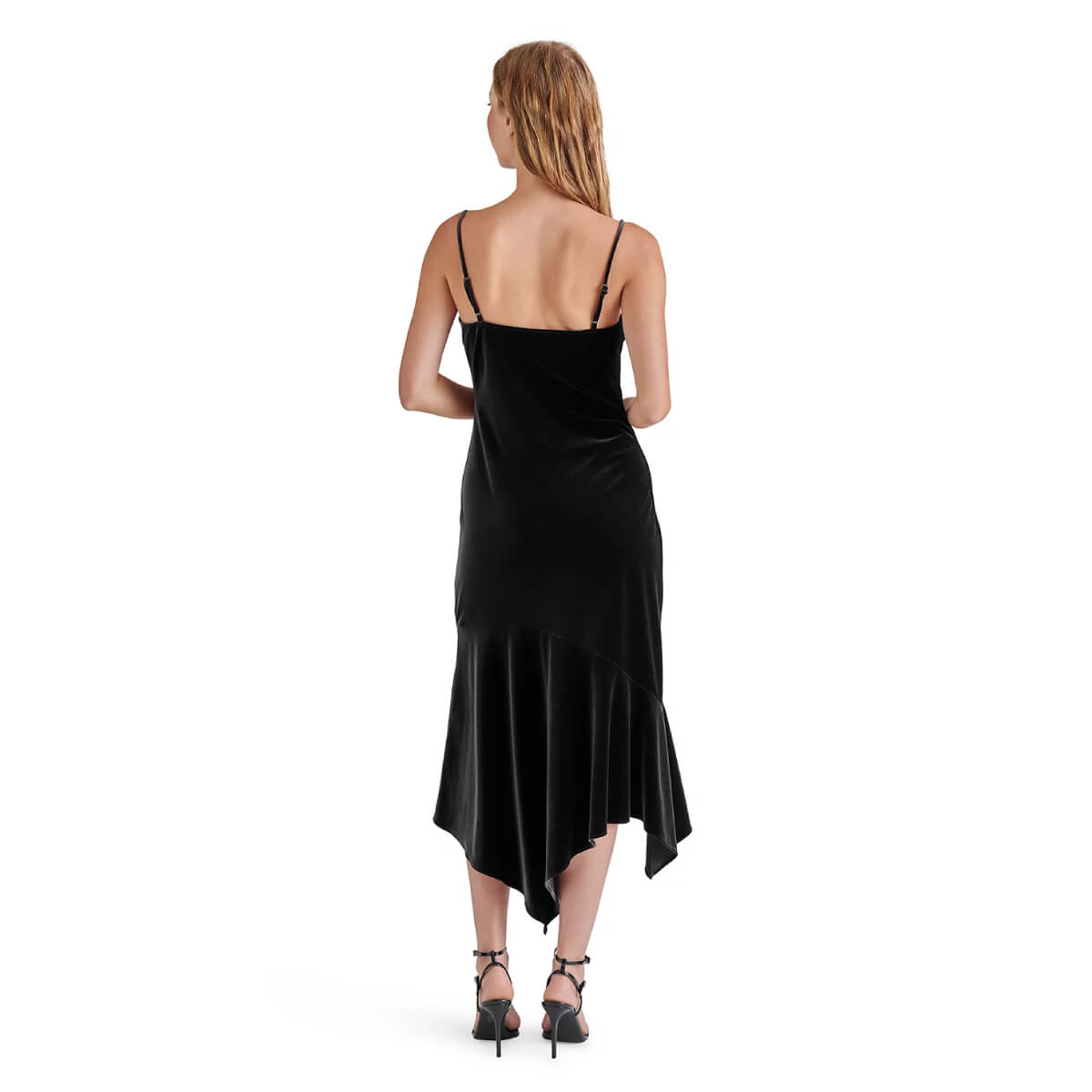 Steve Madden Lucille Velvet Rosette Midi Dress black back | MILK MONEY milkmoney.co | cute clothes for women. womens online clothing. trendy online clothing stores. womens casual clothing online. trendy clothes online. trendy women's clothing online. ladies online clothing stores. trendy women's clothing stores. cute female clothes.