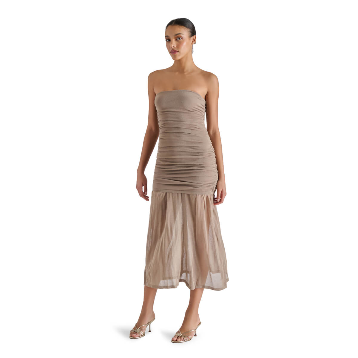 Steve Madden Lula Ruched Strapless Dress brown | MILK MONEY milkmoney.co | cute clothes for women. womens online clothing. trendy online clothing stores. womens casual clothing online. trendy clothes online. trendy women's clothing online. ladies online clothing stores. trendy women's clothing stores. cute female clothes.