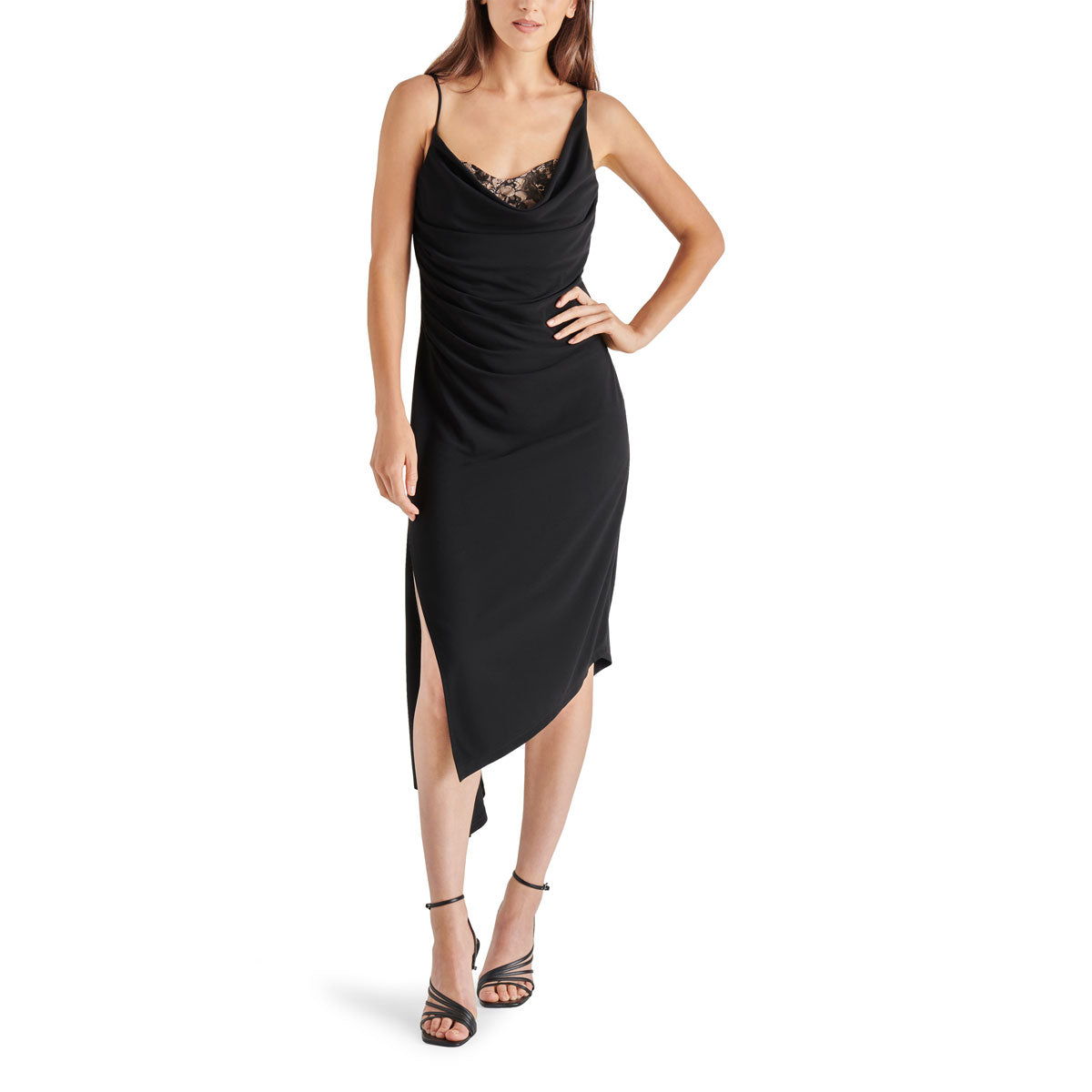 Steve Madden Lysette Draped Lace Slip Dress black front | MILK MONEY milkmoney.co | cute clothes for women. womens online clothing. trendy online clothing stores. womens casual clothing online. trendy clothes online. trendy women's clothing online. ladies online clothing stores. trendy women's clothing stores. cute female clothes.