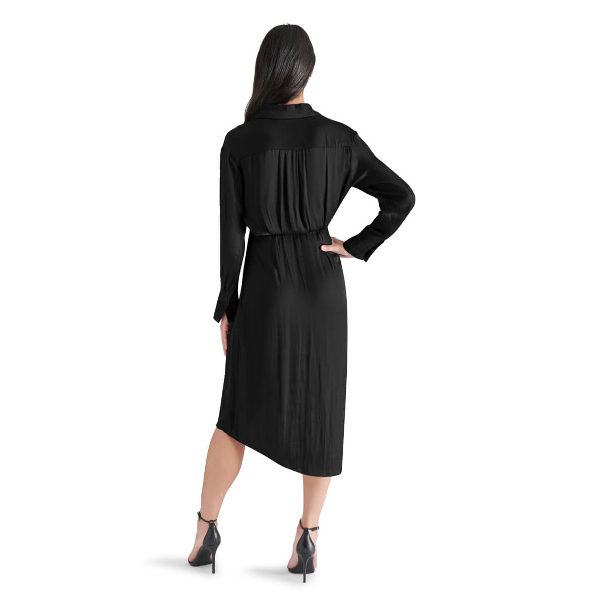 Steve Madden Martina Asymmetrical Hem Shirt Dress black back | MILK MONEY milkmoney.co | cute clothes for women. womens online clothing. trendy online clothing stores. womens casual clothing online. trendy clothes online. trendy women's clothing online. ladies online clothing stores. trendy women's clothing stores. cute female clothes.