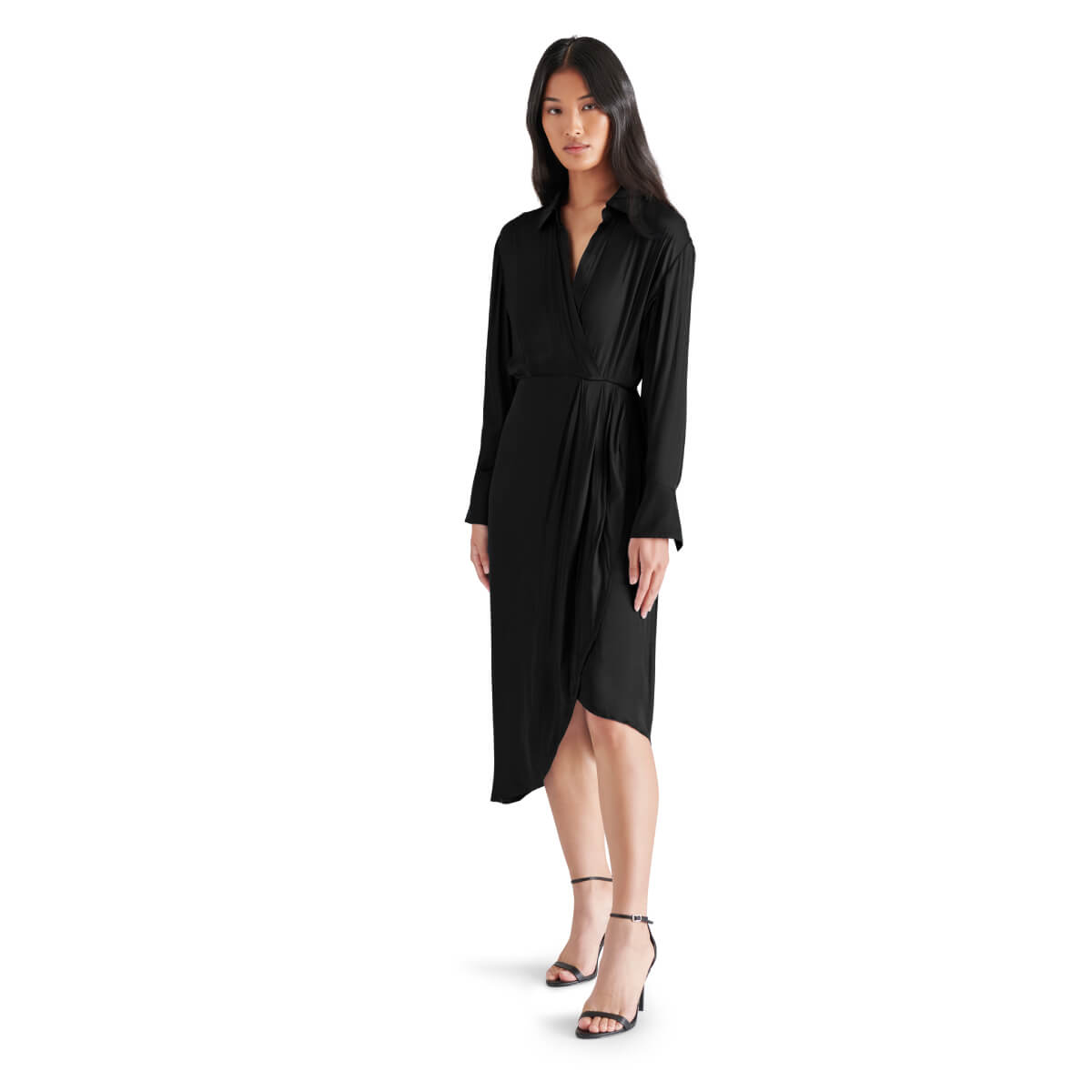 Steve Madden Martina Asymmetrical Hem Shirt Dress black front | MILK MONEY milkmoney.co | cute clothes for women. womens online clothing. trendy online clothing stores. womens casual clothing online. trendy clothes online. trendy women's clothing online. ladies online clothing stores. trendy women's clothing stores. cute female clothes.