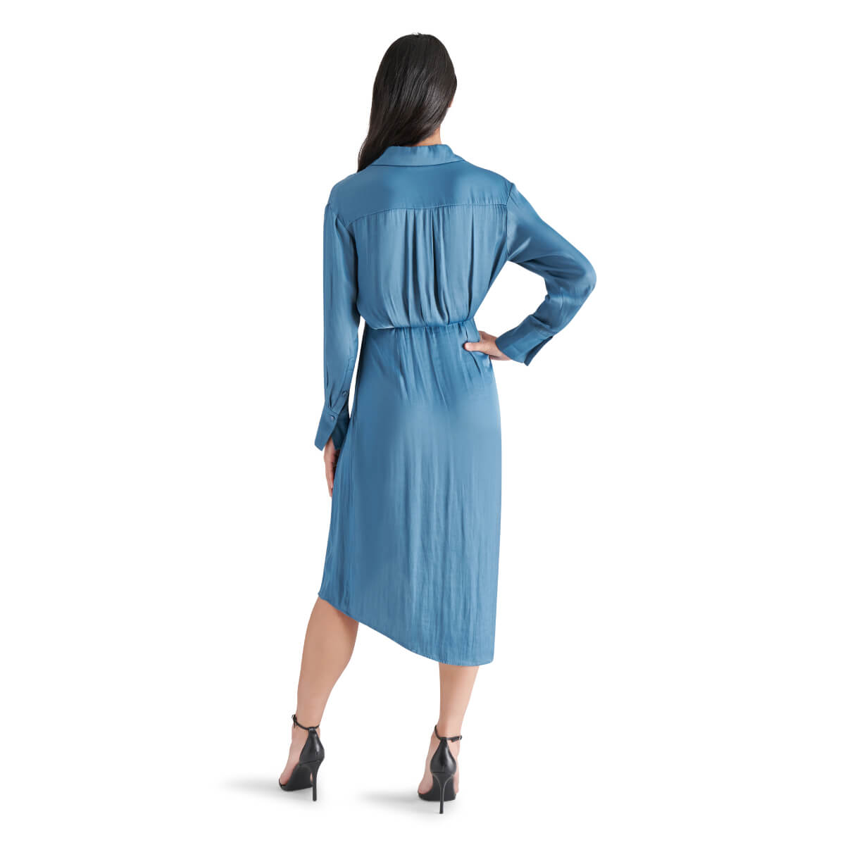 Steve Madden Martina Asymmetrical Hem Shirt Dress blue back | MILK MONEY milkmoney.co | cute clothes for women. womens online clothing. trendy online clothing stores. womens casual clothing online. trendy clothes online. trendy women's clothing online. ladies online clothing stores. trendy women's clothing stores. cute female clothes.