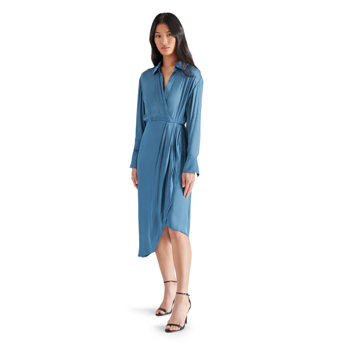 Steve Madden Martina Asymmetrical Hem Shirt Dress blue front | MILK MONEY milkmoney.co | cute clothes for women. womens online clothing. trendy online clothing stores. womens casual clothing online. trendy clothes online. trendy women's clothing online. ladies online clothing stores. trendy women's clothing stores. cute female clothes.