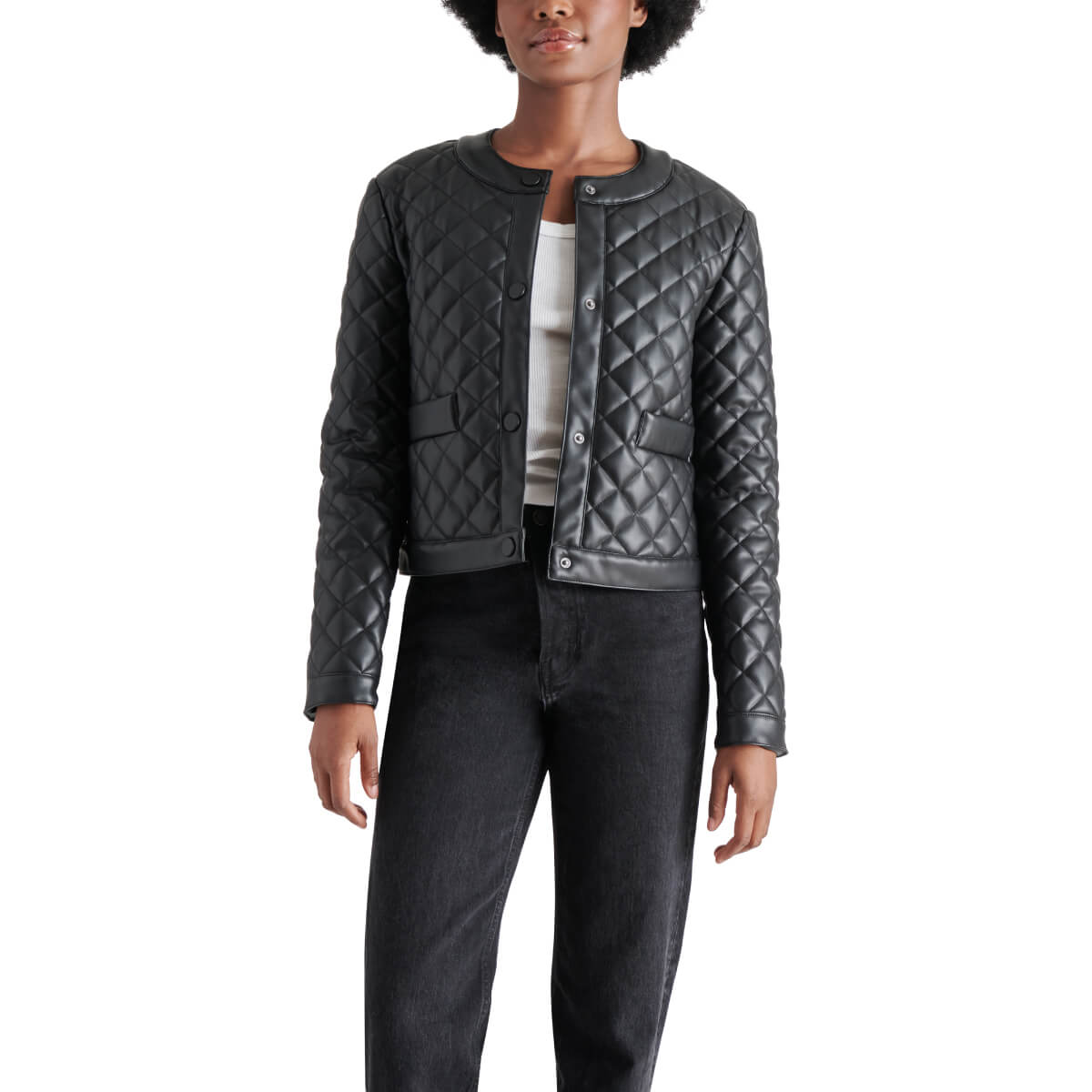 Steve Madden Martine Faux-Leather Jacket black front | MILK MONEY milkmoney.co | cute jackets for women. cute coats. cool jackets for women. stylish jackets for women. trendy jackets for women. trendy womens coats.
