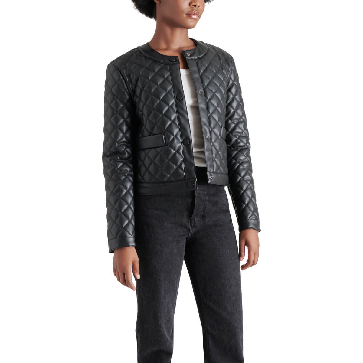 Steve Madden Martine Faux-Leather Jacket black front | MILK MONEY milkmoney.co | cute jackets for women. cute coats. cool jackets for women. stylish jackets for women. trendy jackets for women. trendy womens coats.