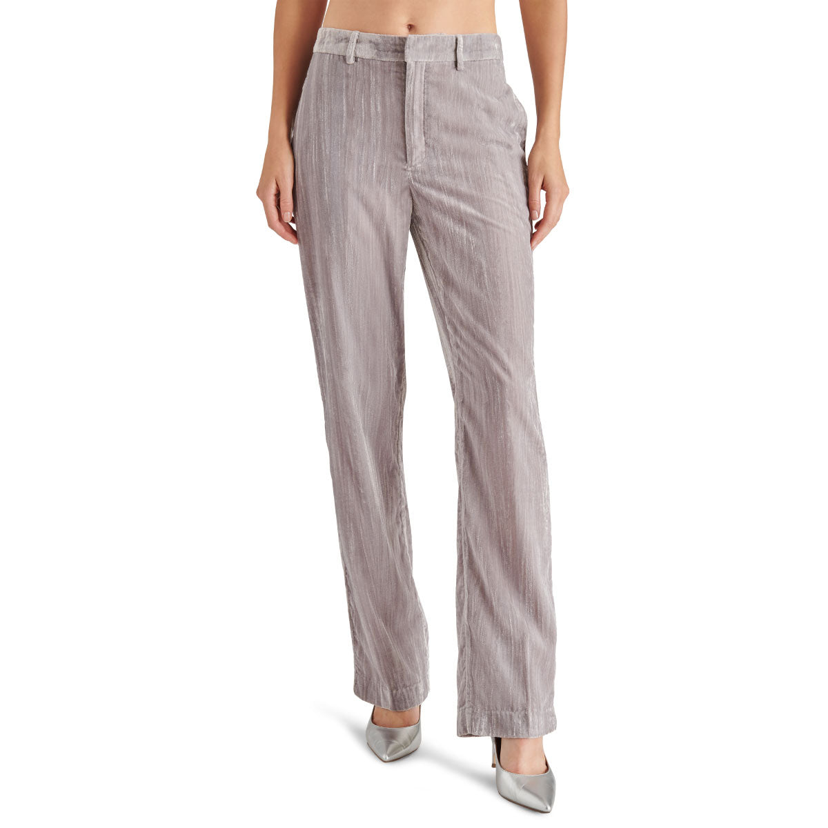 Steve Madden Mercer Crushed Velvet Mid Rise Straight Leg Pant silver front | MILK MONEY milkmoney.co | cute pants for women. cute trendy pants.