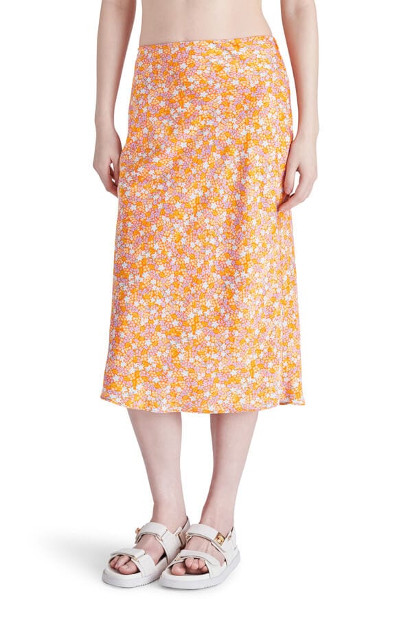 Steve Madden Mindy Floral Print Midi Slip Skirt orange front | MILK MONEY milkmoney.co | cute clothes for women. womens online clothing. trendy online clothing stores. womens casual clothing online. trendy clothes online. trendy women's clothing online. ladies online clothing stores. trendy women's clothing stores. cute female clothes.