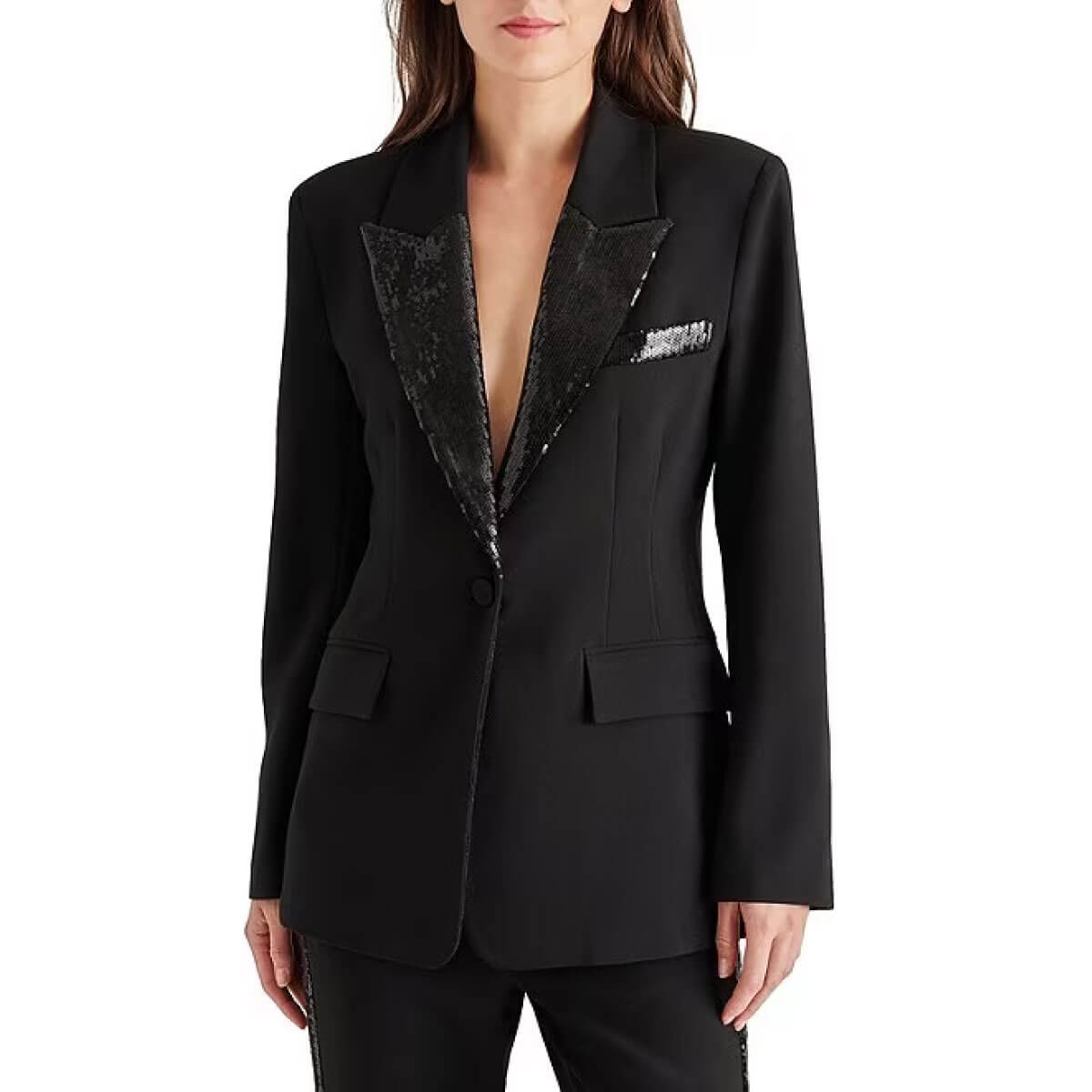 Steve Madden Misha Tonal Sequin Fitted Blazer black front | MILK MONEY milkmoney.co | cute jackets for women. cute coats. cool jackets for women. stylish jackets for women. trendy jackets for women. trendy womens coats.