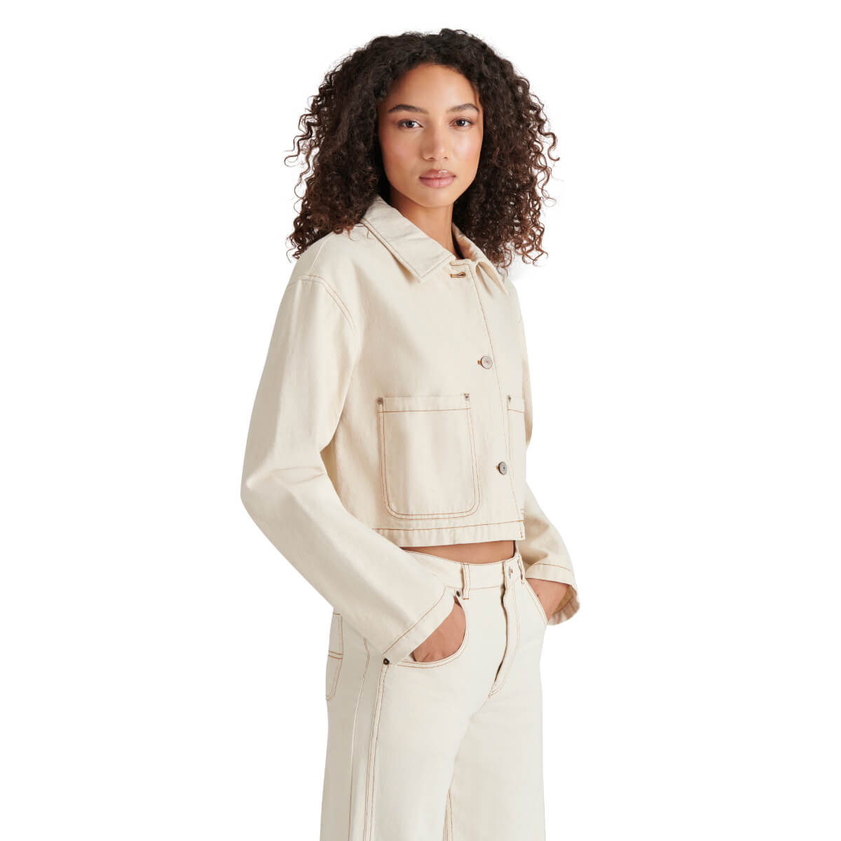 Steve Madden Myrtha Denim Crop Chore Jacket oatmeal side | MILK MONEY milkmoney.co | cute jackets for women. cute coats. cool jackets for women. stylish jackets for women. trendy jackets for women. trendy womens coats.