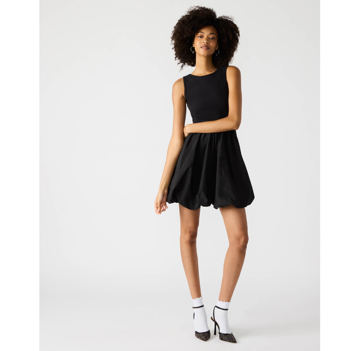 Steve Madden Palermo Mixed Media Bubble Hem Dress black front | MILK MONEY milkmoney.co | cute clothes for women. womens online clothing. trendy online clothing stores. womens casual clothing online. trendy clothes online. trendy women's clothing online. ladies online clothing stores. trendy women's clothing stores. cute female clothes.