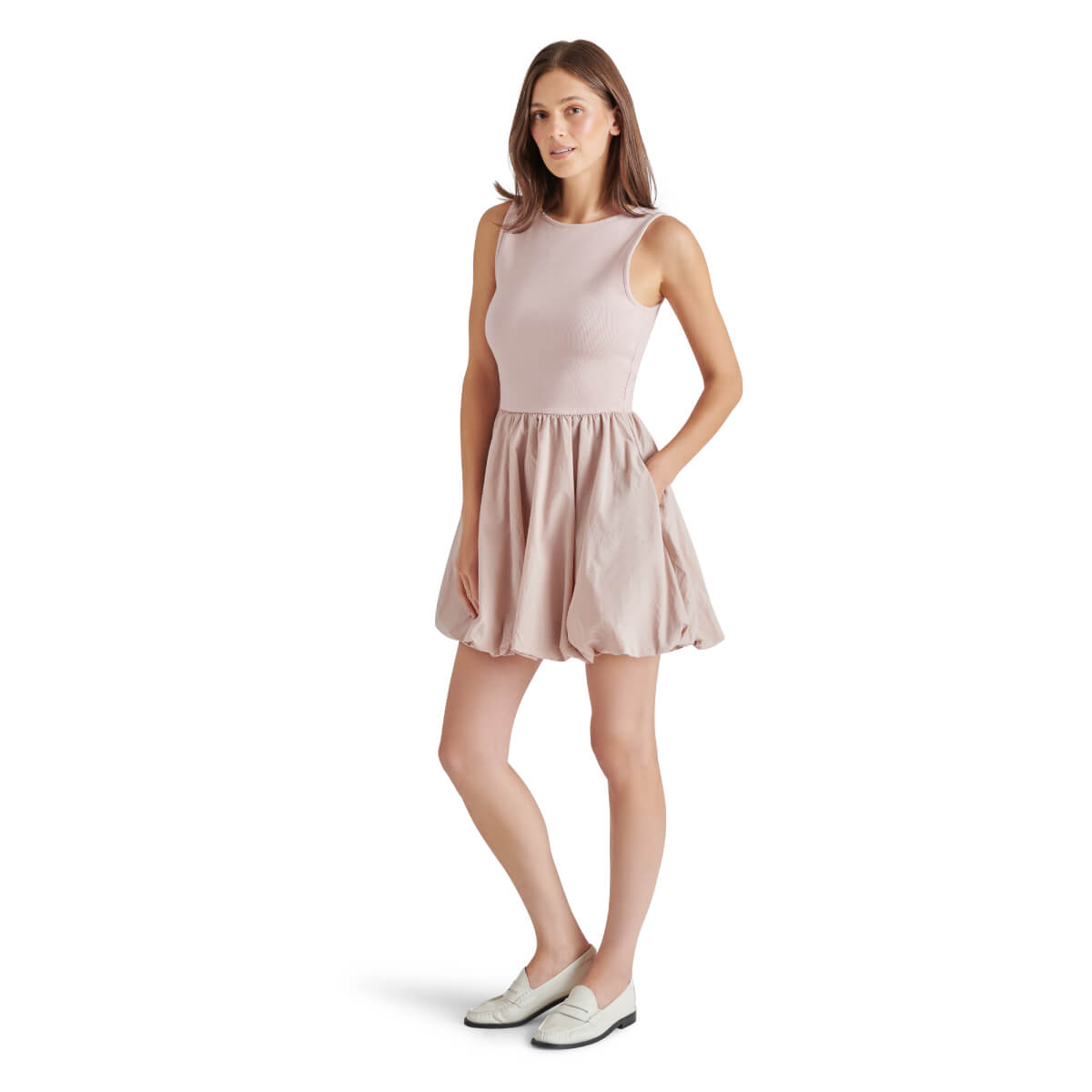 Steve Madden Palermo Mixed Media Bubble Hem Dress pink front | MILK MONEY milkmoney.co | cute clothes for women. womens online clothing. trendy online clothing stores. womens casual clothing online. trendy clothes online. trendy women's clothing online. ladies online clothing stores. trendy women's clothing stores. cute female clothes.