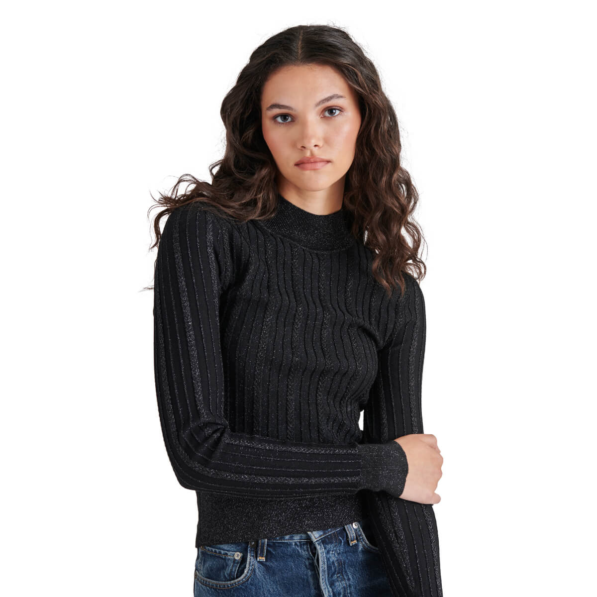 Steve Madden Pamela Metallic Cable-Knit Sweater black front | MILK MONEY milkmoney.co | cute tops for women. trendy tops for women. cute blouses for women. stylish tops for women. pretty womens tops.