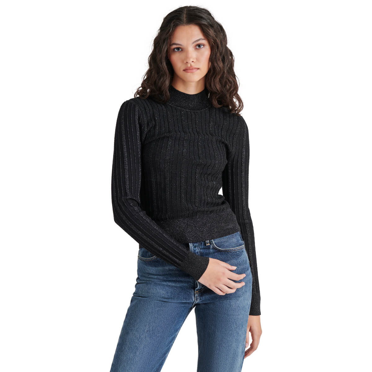 Steve Madden Pamela Metallic Cable-Knit Sweater black front | MILK MONEY milkmoney.co | cute tops for women. trendy tops for women. cute blouses for women. stylish tops for women. pretty womens tops.