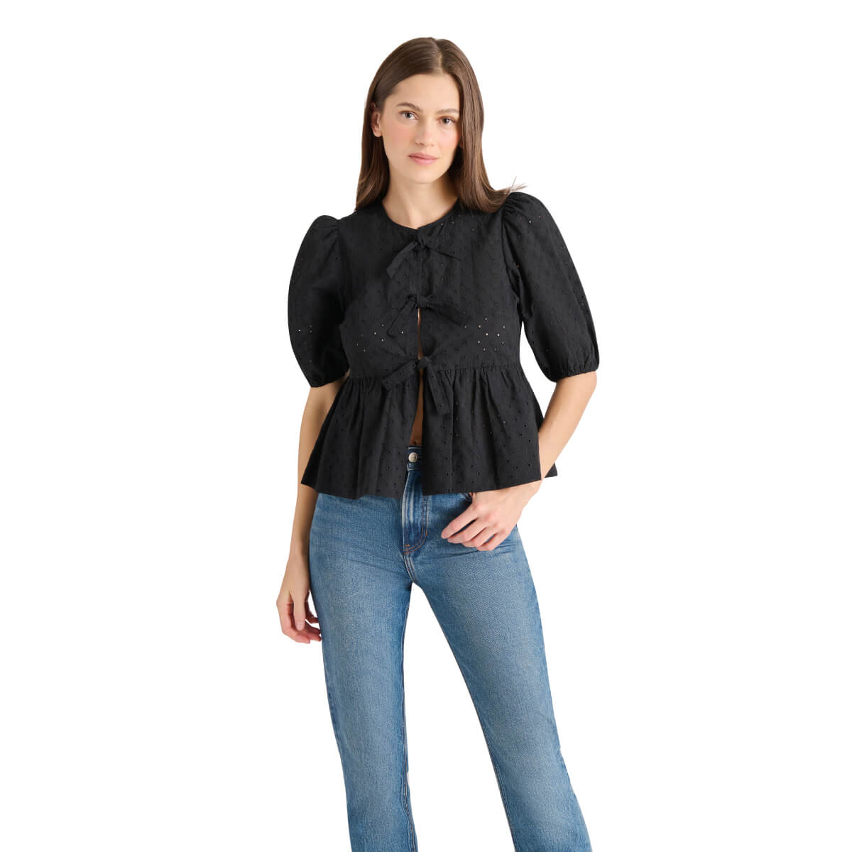 Steve Madden Paula Eyelet Tie Front Top black front | MILK MONEY milkmoney.co | cute tops for women. trendy tops for women. cute blouses for women. stylish tops for women. pretty womens tops.