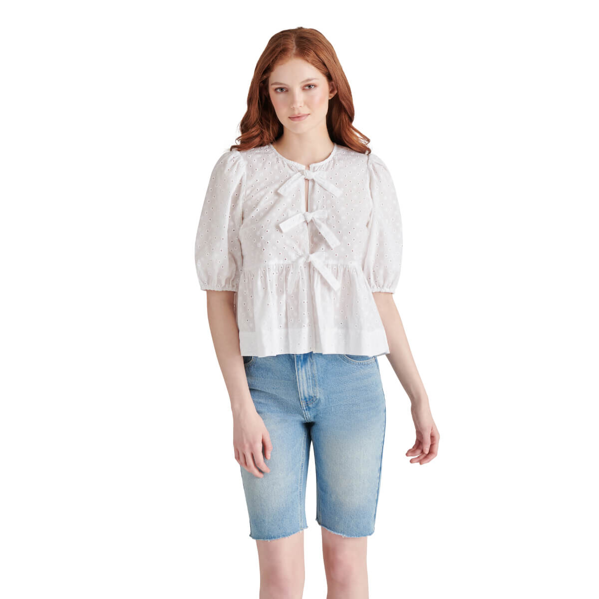 Steve Madden Paula Eyelet Tie Front Top white front | MILK MONEY milkmoney.co | cute tops for women. trendy tops for women. cute blouses for women. stylish tops for women. pretty womens tops.