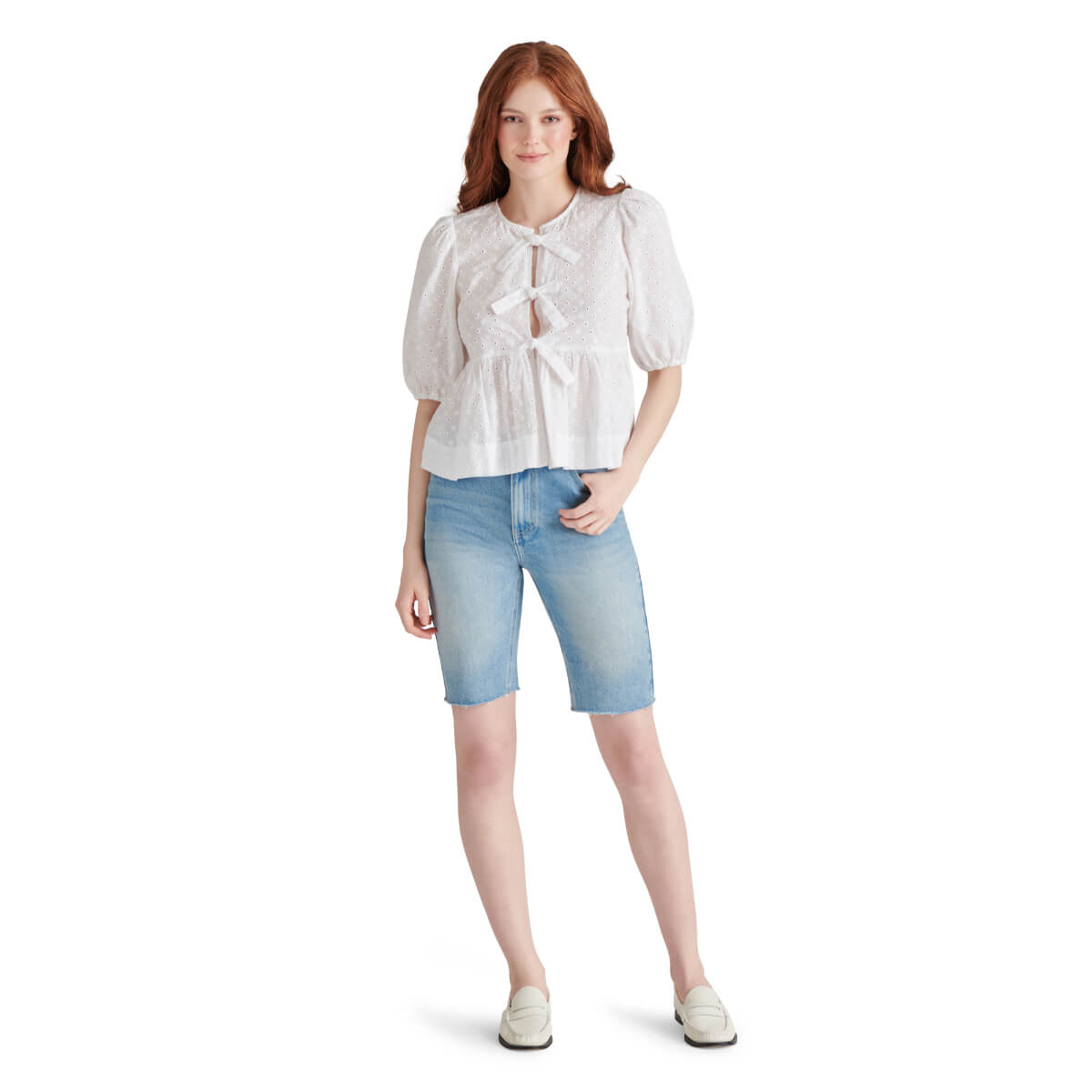 Steve Madden Paula Eyelet Tie Front Top white front | MILK MONEY milkmoney.co | cute tops for women. trendy tops for women. cute blouses for women. stylish tops for women. pretty womens tops.
