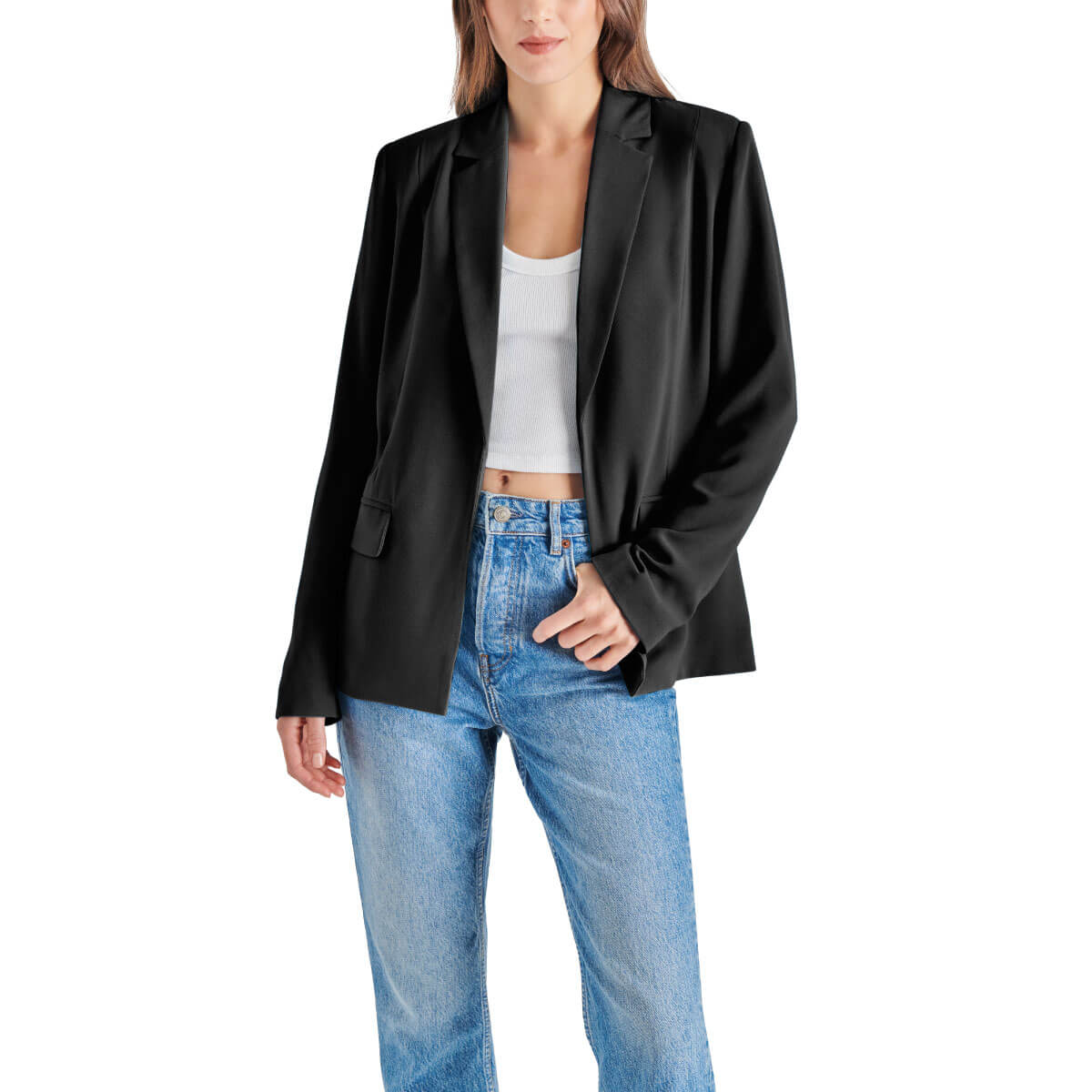 Steve Madden Payton Notch Collar Blazer black front | MILK MONEY milkmoney.co | cute jackets for women. cute coats. cool jackets for women. stylish jackets for women. trendy jackets for women. trendy womens coats.