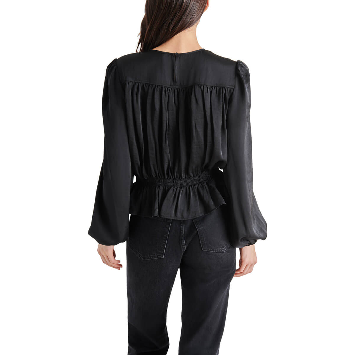 Steve Madden Pyper Ruffle Hem Blouse black back | MILK MONEY milkmoney.co | cute tops for women. trendy tops for women. cute blouses for women. stylish tops for women. pretty womens tops.
