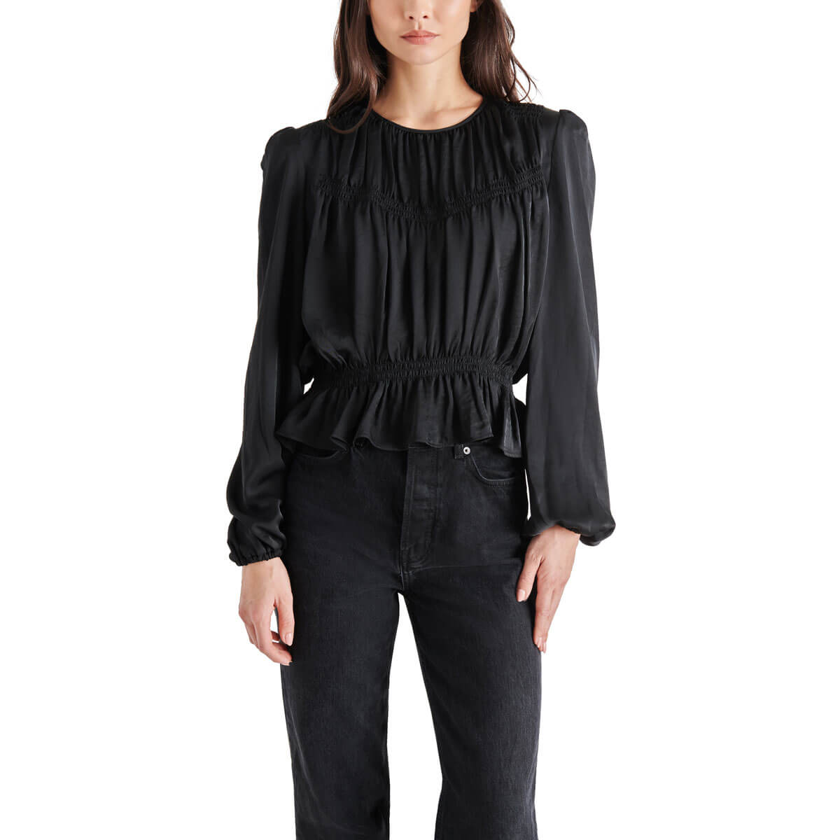 Steve Madden Pyper Ruffle Hem Blouse black front | MILK MONEY milkmoney.co | cute tops for women. trendy tops for women. cute blouses for women. stylish tops for women. pretty womens tops.