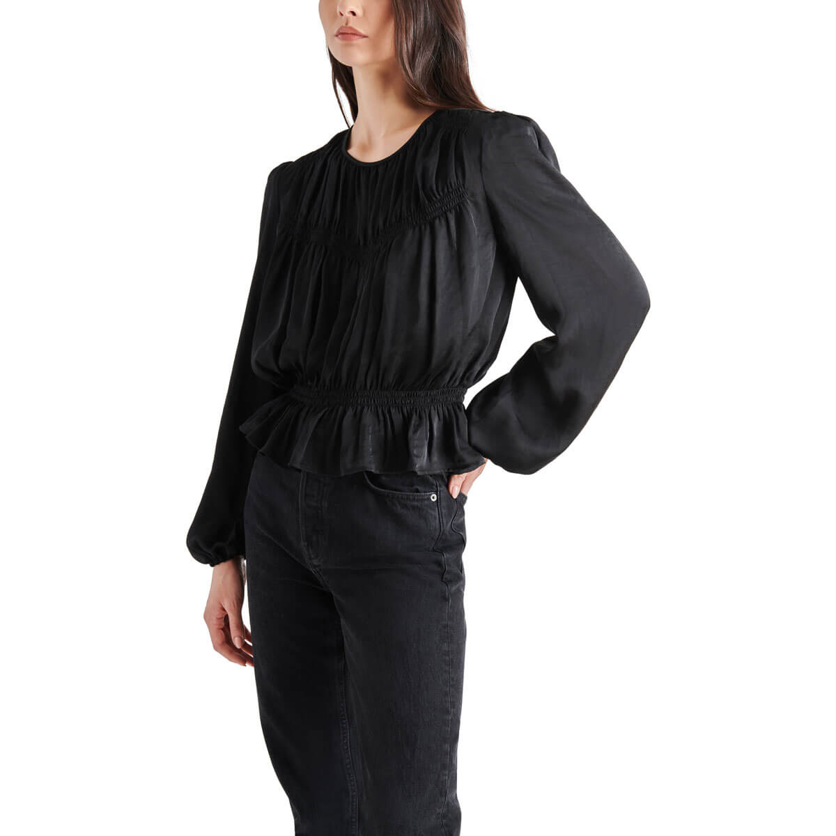 Steve Madden Pyper Ruffle Hem Blouse black side | MILK MONEY milkmoney.co | cute tops for women. trendy tops for women. cute blouses for women. stylish tops for women. pretty womens tops.