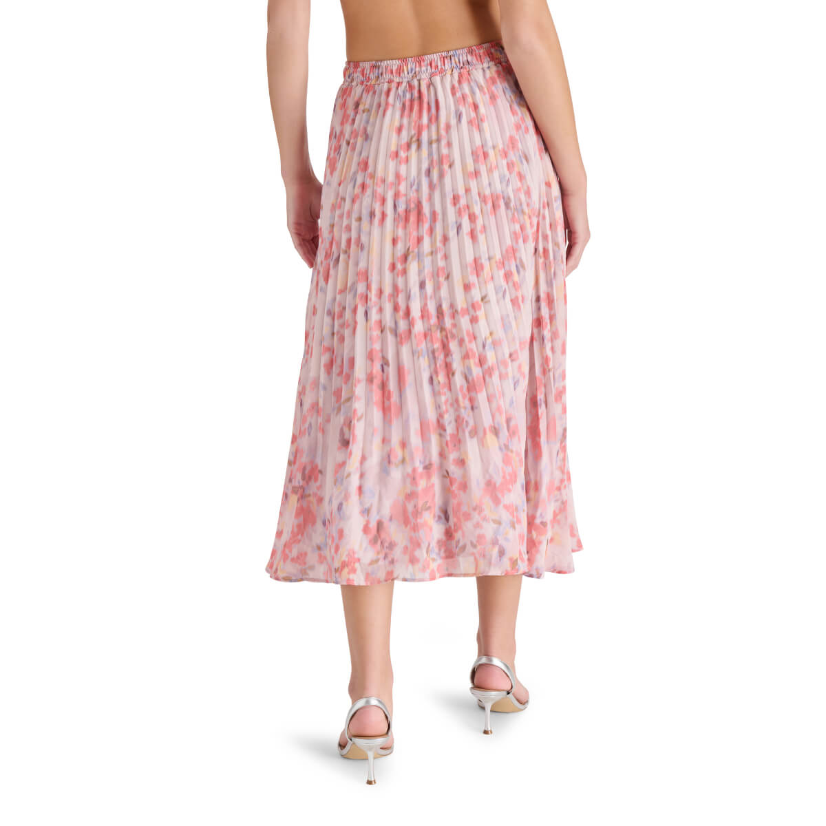 Steve Madden Raina Floral Pleated Midi Skirt pink back | MILK MONEY milkmoney.co | cute clothes for women. womens online clothing. trendy online clothing stores. womens casual clothing online. trendy clothes online. trendy women's clothing online. ladies online clothing stores. trendy women's clothing stores. cute female clothes.