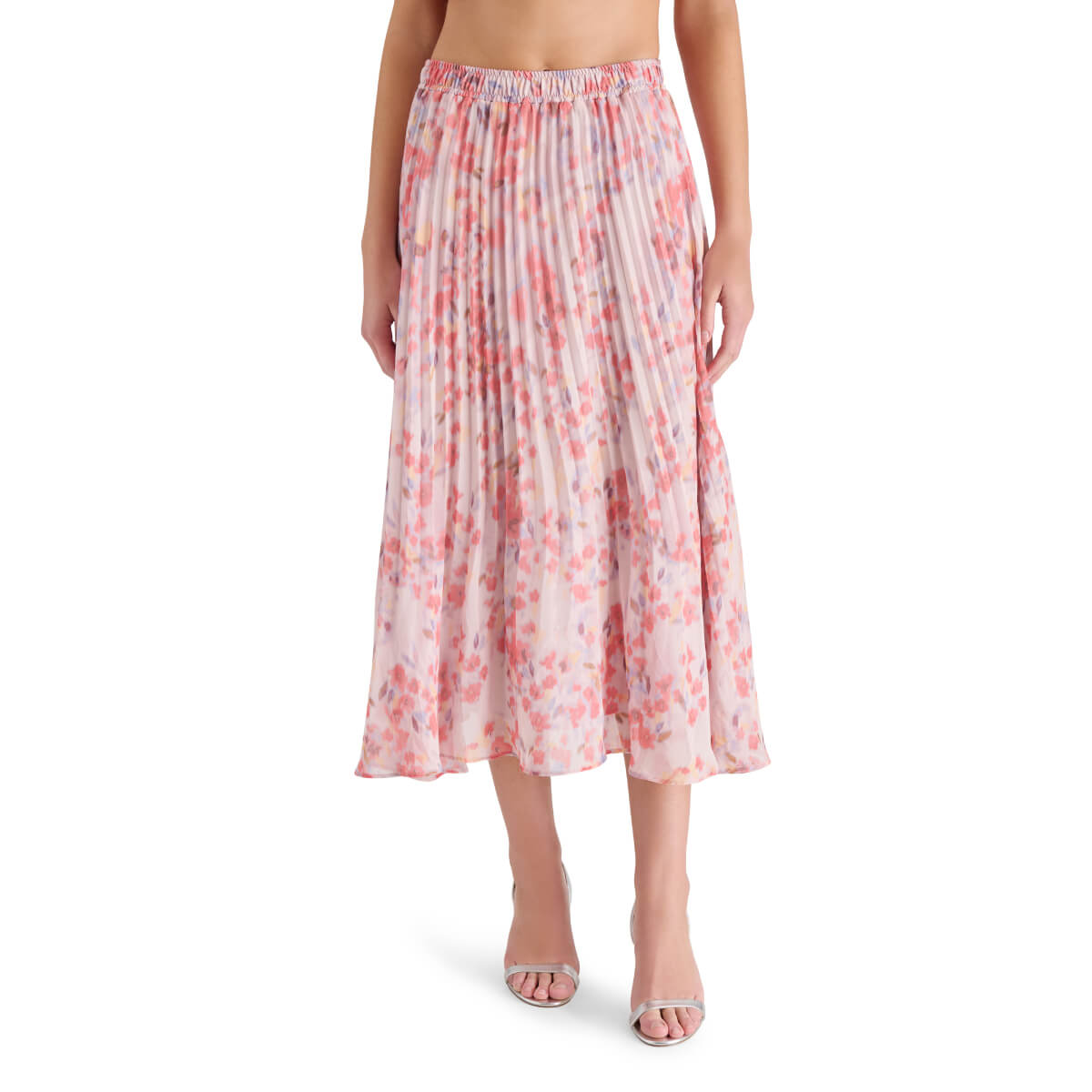 Steve Madden Raina Floral Pleated Midi Skirt pink front | MILK MONEY milkmoney.co | cute clothes for women. womens online clothing. trendy online clothing stores. womens casual clothing online. trendy clothes online. trendy women's clothing online. ladies online clothing stores. trendy women's clothing stores. cute female clothes.
