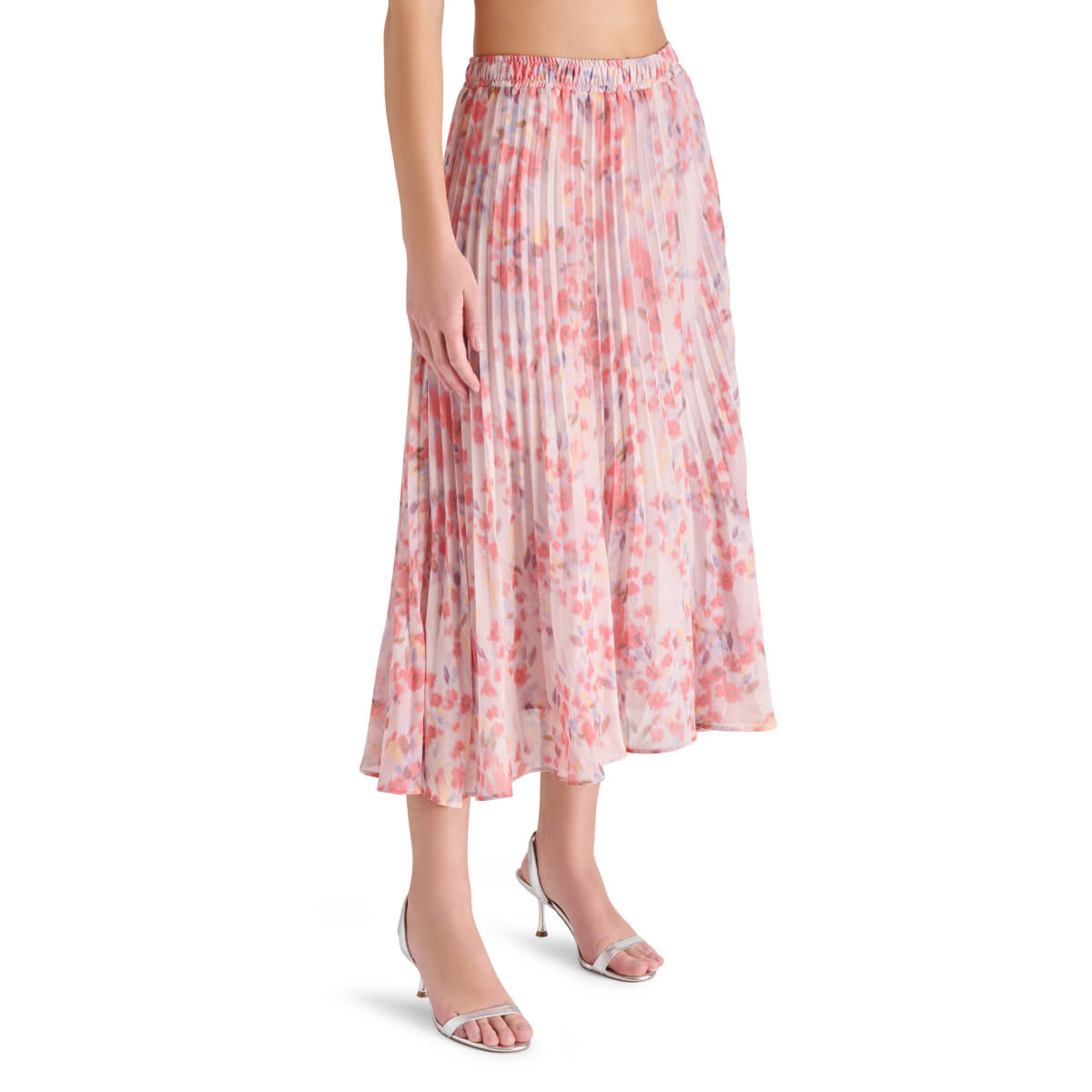 Steve Madden Raina Floral Pleated Midi Skirt pink side | MILK MONEY milkmoney.co | cute clothes for women. womens online clothing. trendy online clothing stores. womens casual clothing online. trendy clothes online. trendy women's clothing online. ladies online clothing stores. trendy women's clothing stores. cute female clothes.