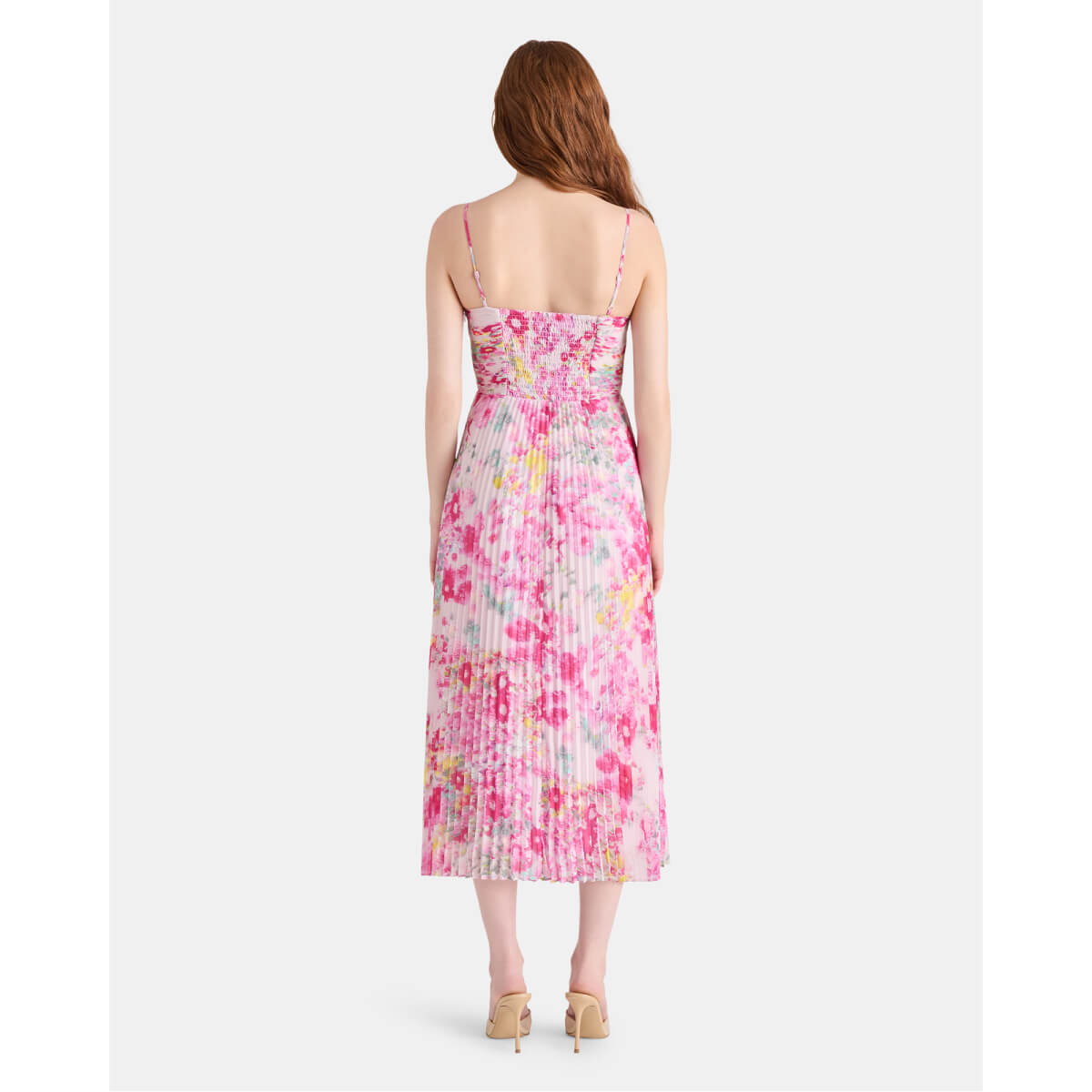 Steve Madden Ray Floral Pleated Midi Dress pink back | MILK MONEY milkmoney.co | cute clothes for women. womens online clothing. trendy online clothing stores. womens casual clothing online. trendy clothes online. trendy women's clothing online. ladies online clothing stores. trendy women's clothing stores. cute female clothes.