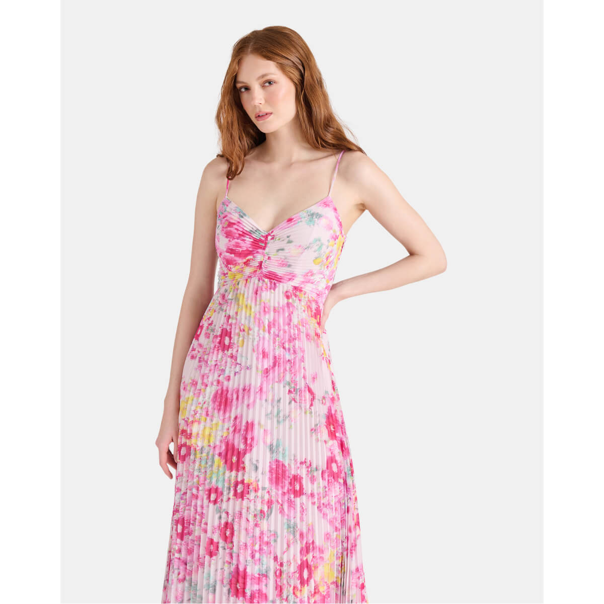 Steve Madden Ray Floral Pleated Midi Dress pink front | MILK MONEY milkmoney.co | cute clothes for women. womens online clothing. trendy online clothing stores. womens casual clothing online. trendy clothes online. trendy women's clothing online. ladies online clothing stores. trendy women's clothing stores. cute female clothes.