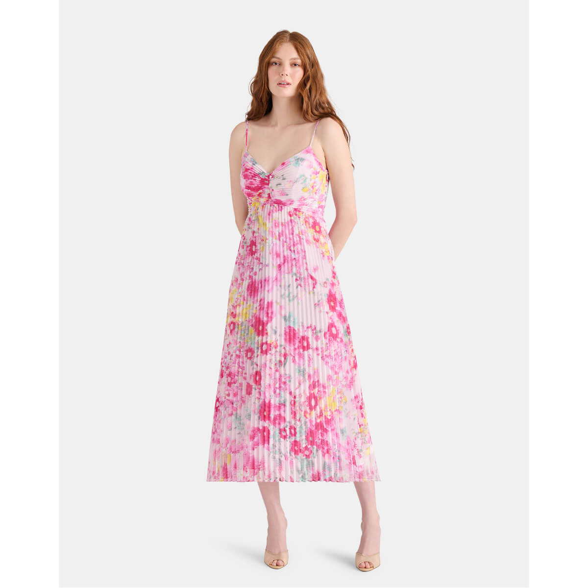 Steve Madden Ray Floral Pleated Midi Dress pink front | MILK MONEY milkmoney.co | cute clothes for women. womens online clothing. trendy online clothing stores. womens casual clothing online. trendy clothes online. trendy women's clothing online. ladies online clothing stores. trendy women's clothing stores. cute female clothes.