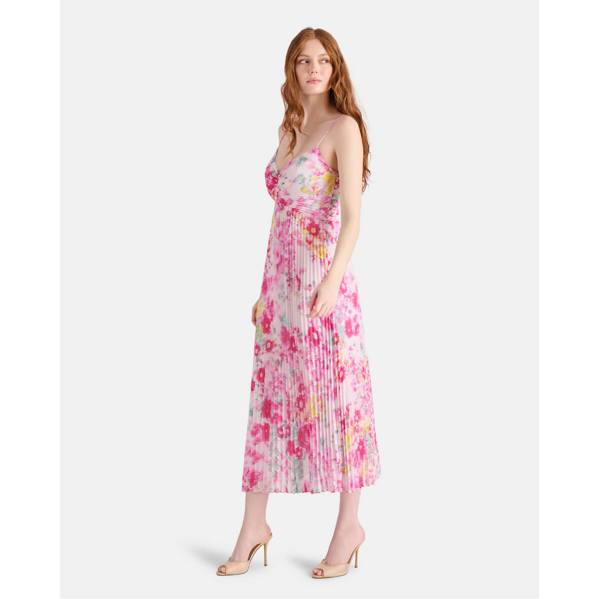 Steve Madden Ray Floral Pleated Midi Dress pink front | MILK MONEY milkmoney.co | cute clothes for women. womens online clothing. trendy online clothing stores. womens casual clothing online. trendy clothes online. trendy women's clothing online. ladies online clothing stores. trendy women's clothing stores. cute female clothes.