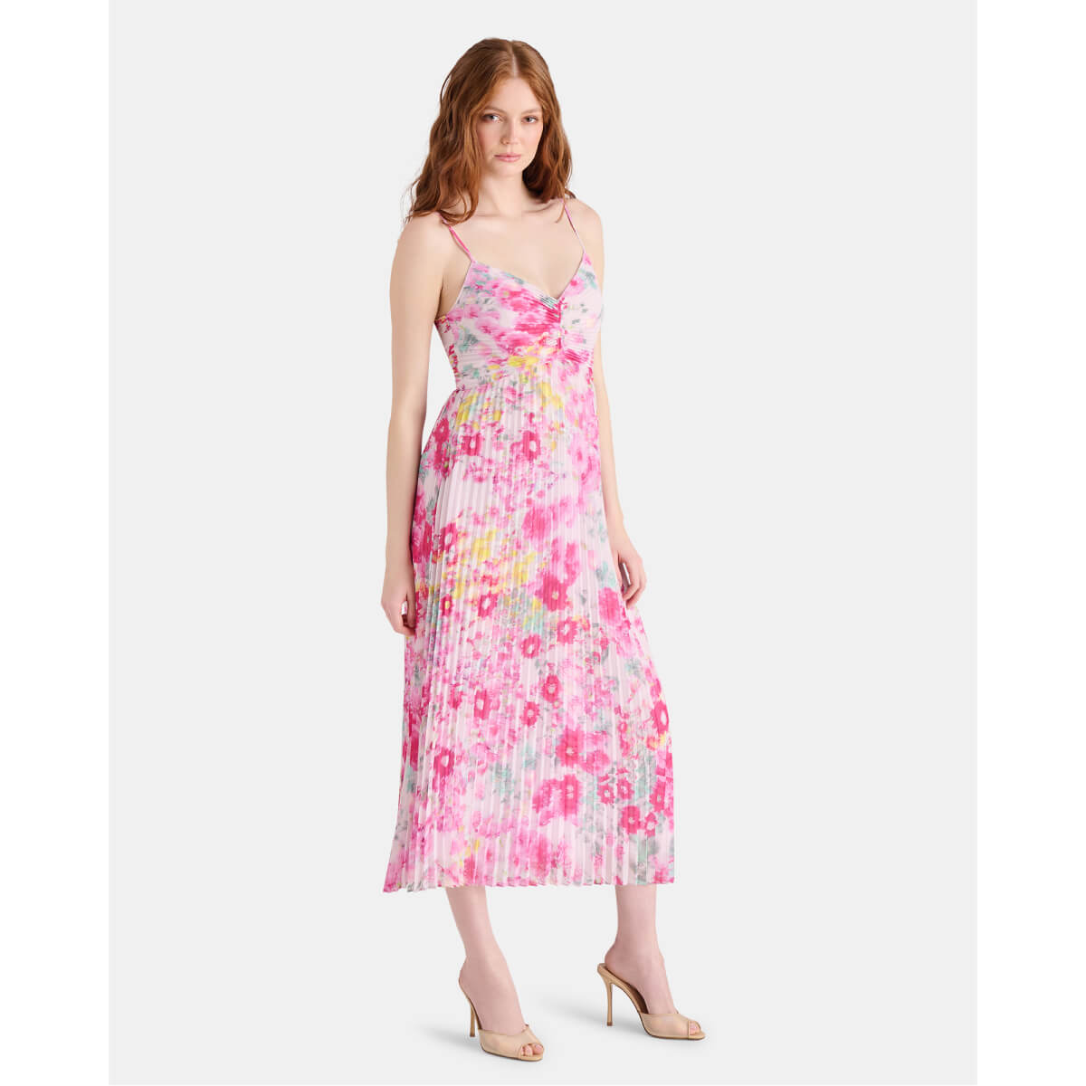 Steve Madden Ray Floral Pleated Midi Dress pink front | MILK MONEY milkmoney.co | cute clothes for women. womens online clothing. trendy online clothing stores. womens casual clothing online. trendy clothes online. trendy women's clothing online. ladies online clothing stores. trendy women's clothing stores. cute female clothes.