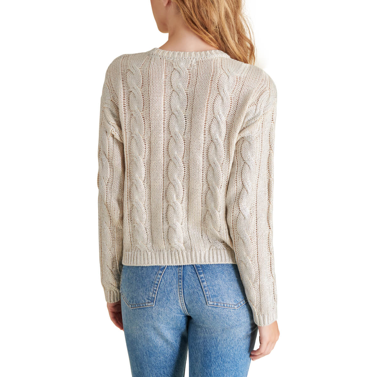 Steve Madden Renzo Shine Cable Knit Crew Neck Sweater silver back | MILK MONEY milkmoney.co | cute tops for women. trendy tops for women. cute blouses for women. stylish tops for women. pretty womens tops.