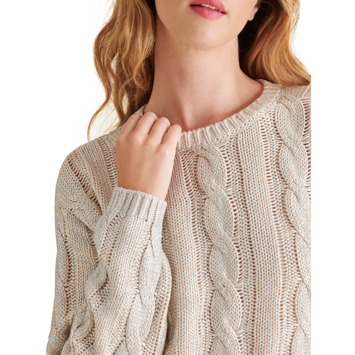 Steve Madden Renzo Shine Cable Knit Crew Neck Sweater silver front | MILK MONEY milkmoney.co | cute tops for women. trendy tops for women. cute blouses for women. stylish tops for women. pretty womens tops.