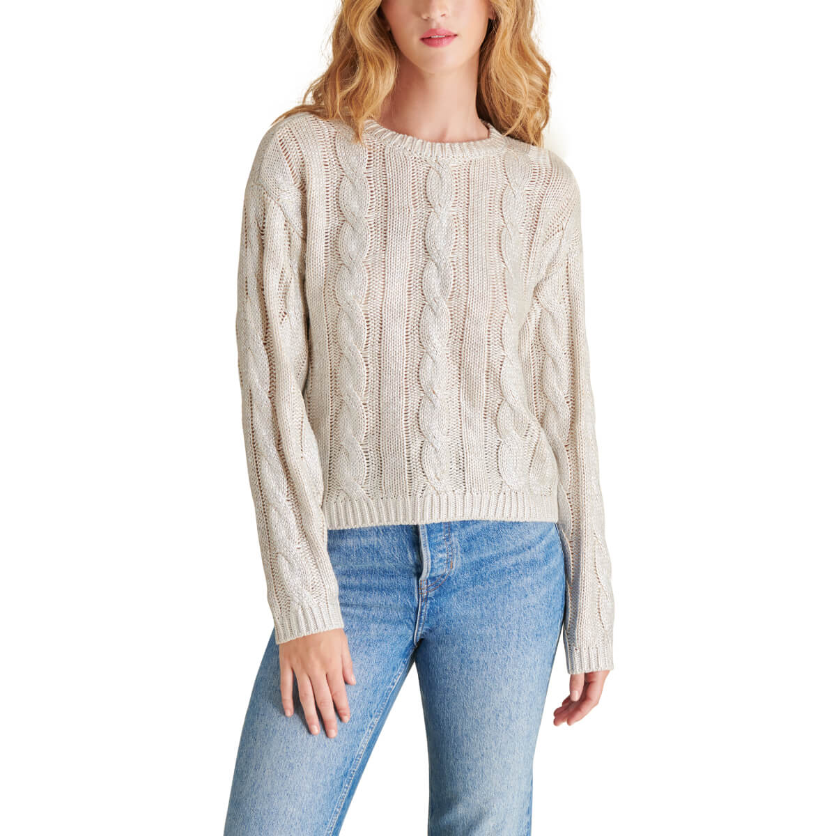 Steve Madden Renzo Shine Cable Knit Crew Neck Sweater silver front | MILK MONEY milkmoney.co | cute tops for women. trendy tops for women. cute blouses for women. stylish tops for women. pretty womens tops.