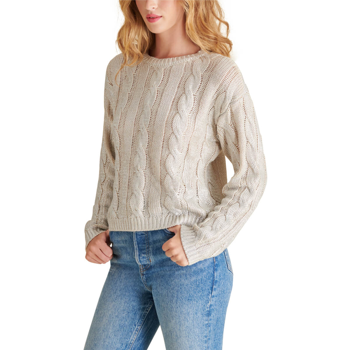 Steve Madden Renzo Shine Cable Knit Crew Neck Sweater silver front | MILK MONEY milkmoney.co | cute tops for women. trendy tops for women. cute blouses for women. stylish tops for women. pretty womens tops.