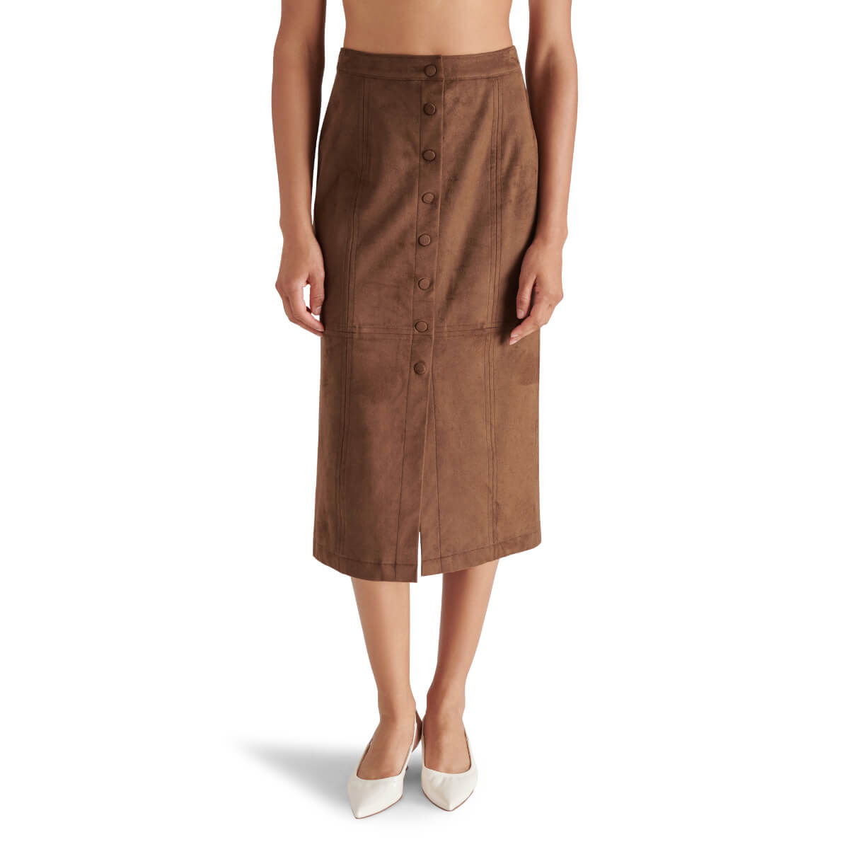 Steve Madden Riya Faux Suede Midi Skirt brown front | MILK MONEY milkmoney.co | cute clothes for women. womens online clothing. trendy online clothing stores. womens casual clothing online. trendy clothes online. trendy women's clothing online. ladies online clothing stores. trendy women's clothing stores. cute female clothes.