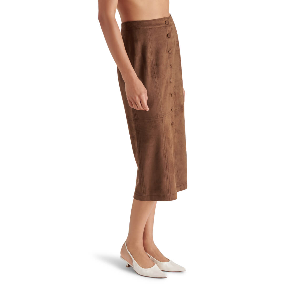 Steve Madden Riya Faux Suede Midi Skirt brown side | MILK MONEY milkmoney.co | cute clothes for women. womens online clothing. trendy online clothing stores. womens casual clothing online. trendy clothes online. trendy women's clothing online. ladies online clothing stores. trendy women's clothing stores. cute female clothes.