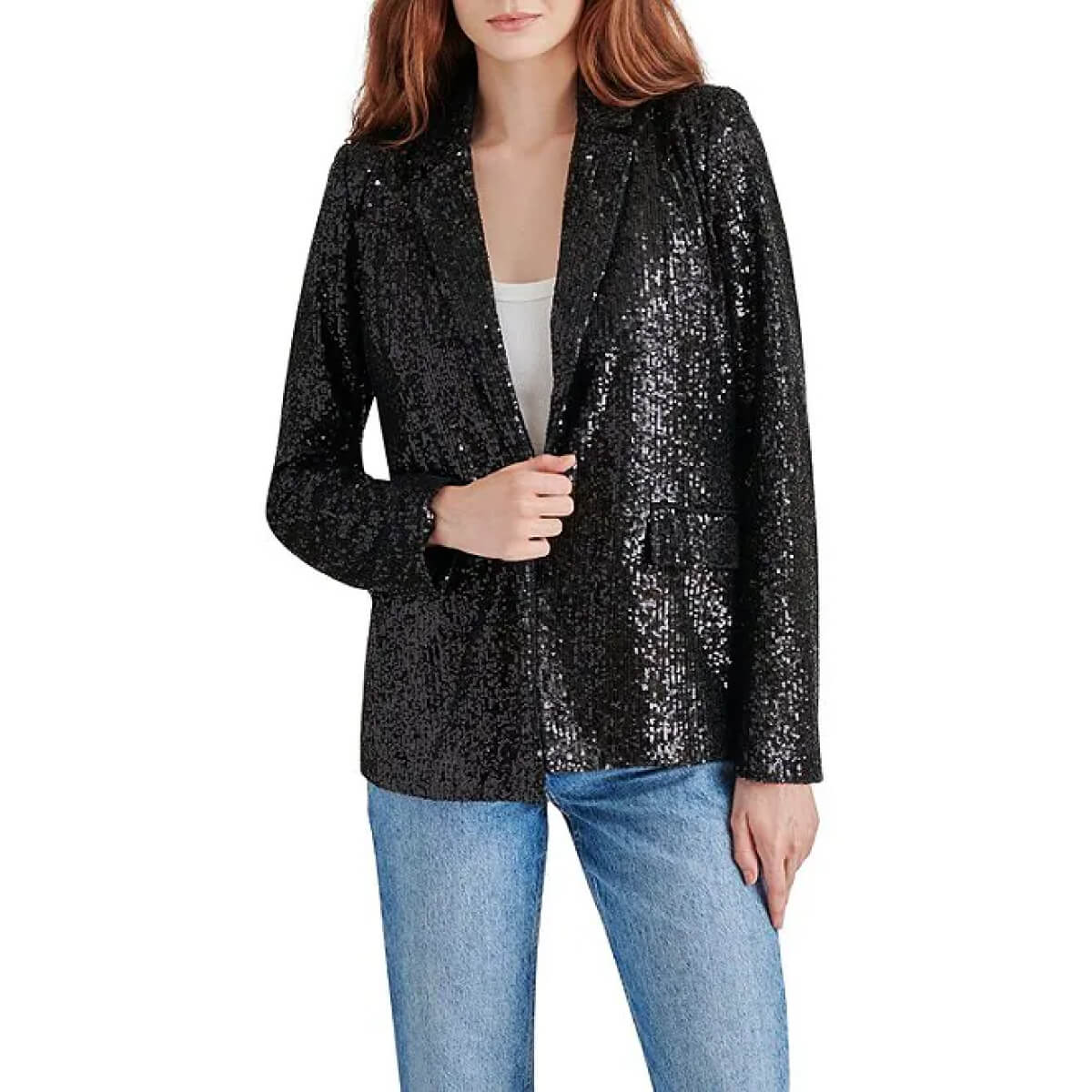 Steve Madden Sequin Payton Blazer front black | MILK MONEY milkmoney.co | cute jackets for women. cute coats. cool jackets for women. stylish jackets for women. trendy jackets for women. trendy womens coats.