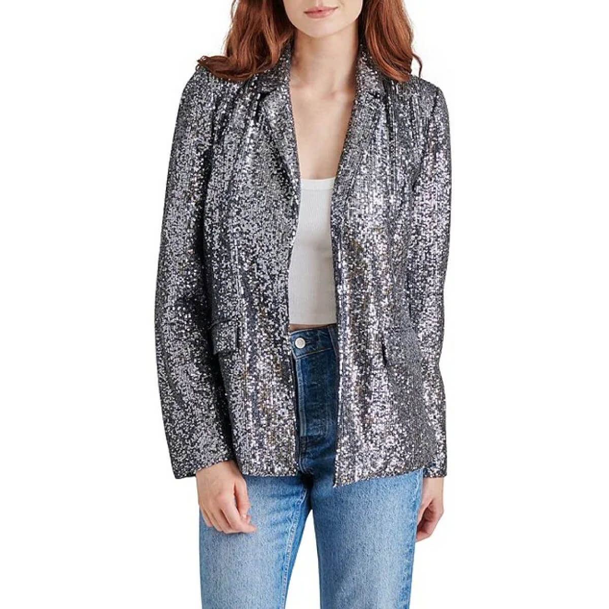 Steve Madden Sequin Payton Blazer silver front | MILK MONEY milkmoney.co | cute jackets for women. cute coats. cool jackets for women. stylish jackets for women. trendy jackets for women. trendy womens coats.