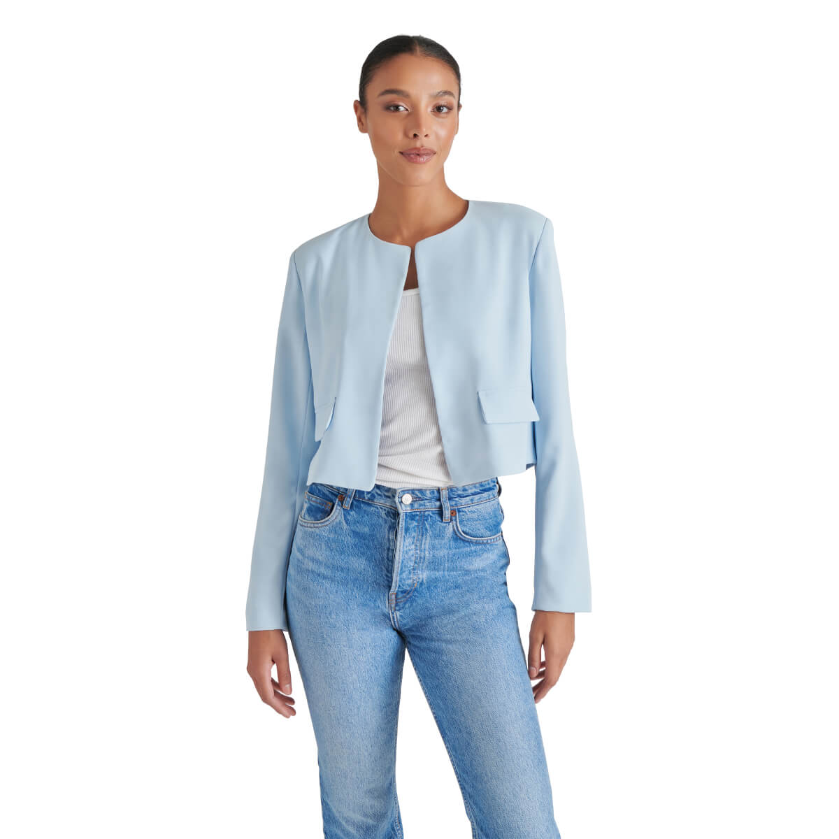 Steve Madden Serene Crop Blazer blue front | MILK MONEY milkmoney.co | cute jackets for women. cute coats. cool jackets for women. stylish jackets for women. trendy jackets for women. trendy womens coats.