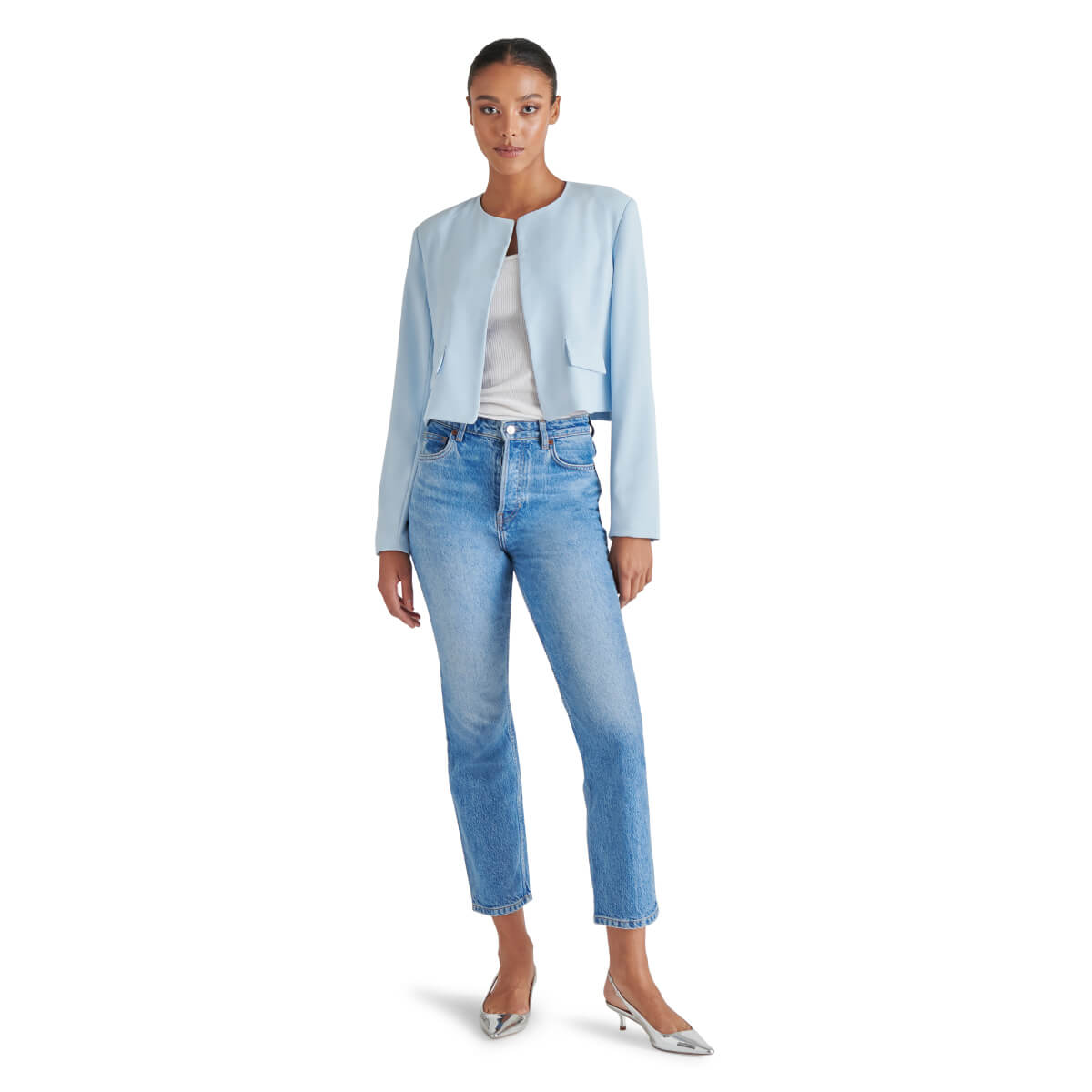 Steve Madden Serene Crop Blazer blue front | MILK MONEY milkmoney.co | cute jackets for women. cute coats. cool jackets for women. stylish jackets for women. trendy jackets for women. trendy womens coats.